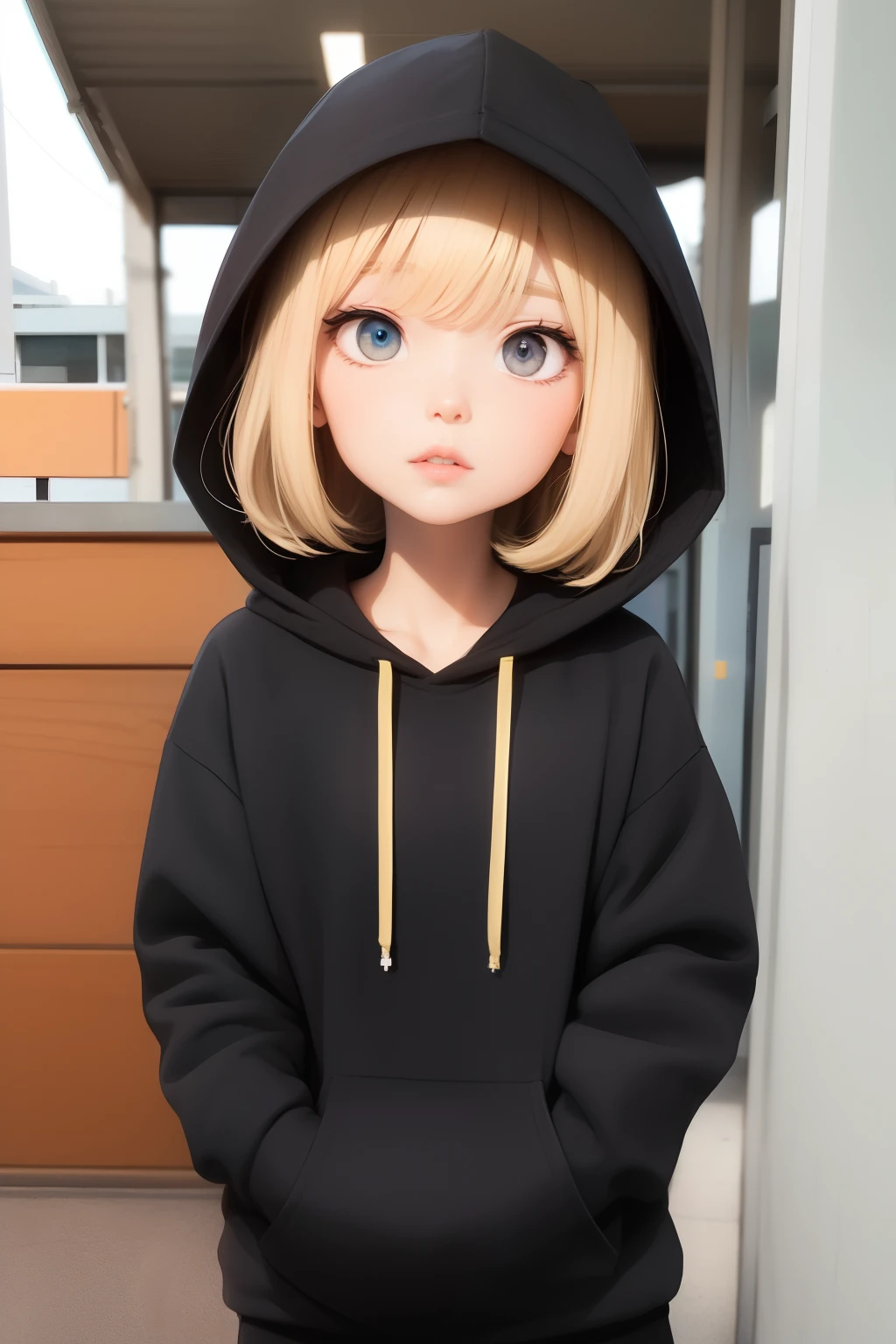 Wearing a black hoodie
Eyes are hidden
Blonde short
girl
Anime style