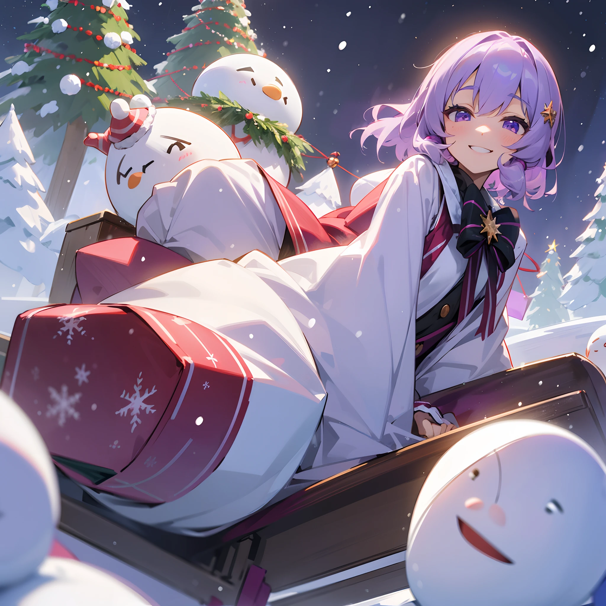 1 beautiful woman、Yuzuki Yukari、The upper part of the body、Beautiful purple eyes、Light lilac hair、short-hair、Looking at this、The best smile、grin、santa claus、Have a gift、It's snowing、Snowflake、Riding a sled、Lots of snowmen、Christmas tree