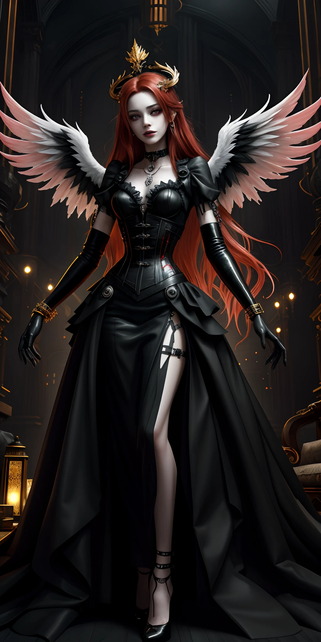 Red-haired demoness woman, full growth, very beautiful, long red hair, smooth, clean, white skin. Red and black short evening dress, cinematic picture, high detail, dynamic expressive image, detailed skin texture, graceful figure, sexy girlfriend, tattoos, dark angel, Italian Renaissance, great art. Magic and cyberpunk mixed together. Expensive jewelry symbolizes esoteric knowledge mixed with cyber technology, electronics, implants, expensive futuristic body jewelry, and tattoos. Warm range of colors, golden light, contrasting light with cold side lighting, expressing volume and shape. High-quality 3D visualization imitating painting techniques, a painting executed by an outstanding master in a painterly manner. Distant esoteric future, high technology - magic. Masterpiece. the highest quality, background - futuristic horror style, engineering structures, temple of cyber technology, clear frame, soft shadows, contrasting light.
2_Her body is grace, elegance, and ideal figure, a woman with long red hair, waist-length hair, black metal, a leather corset, a rock star, a demonic image, body covered in tattoos. On the body, there is a corset of belts, fasteners, and fastenings, electronic implants, woven into her outfit, the Goddess of Darkness, the angel of the CyberWorld.
3_ Background environment; Urban hall, glow, wires. electronic mechanisms, Create an esoteric ornament, an epic structure - a temple, a religious building, High vaulted ceilings, Modern architecture - esoteric: studio light, side light, the contrast of cold shadows, and warm golden light.
4_High image quality, 4K | Ultra HD | Full HD, cinematic rendering, 3D visualization. 8K Full Body Rendering Unity, Motion Capture, Skin Pores, Detailed Face (Vivid, Photorealistic, Realistic, Sharp Focus, 8K). High-detail textures, fabric, material, leather, metal, electronic implants. Texture, high quality, (shades of gray, red, black, elements, metallic luster), Magic amulets on the chest, cabalistic symbols. Fi