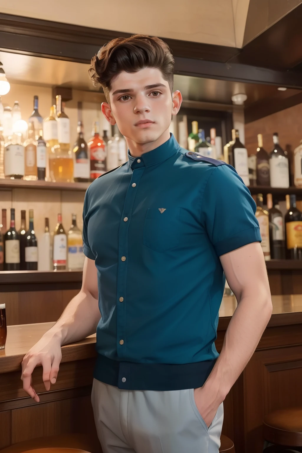 year: 2023. Location: Madrid. Pre-Raphaelite scene with a 27-year-old Edward Bluemel, bartender in a pub, ((((casual Clothing from the 2020s)))) ((Hairstyle of the 2020s)), ((("OMITB" cinematography)))