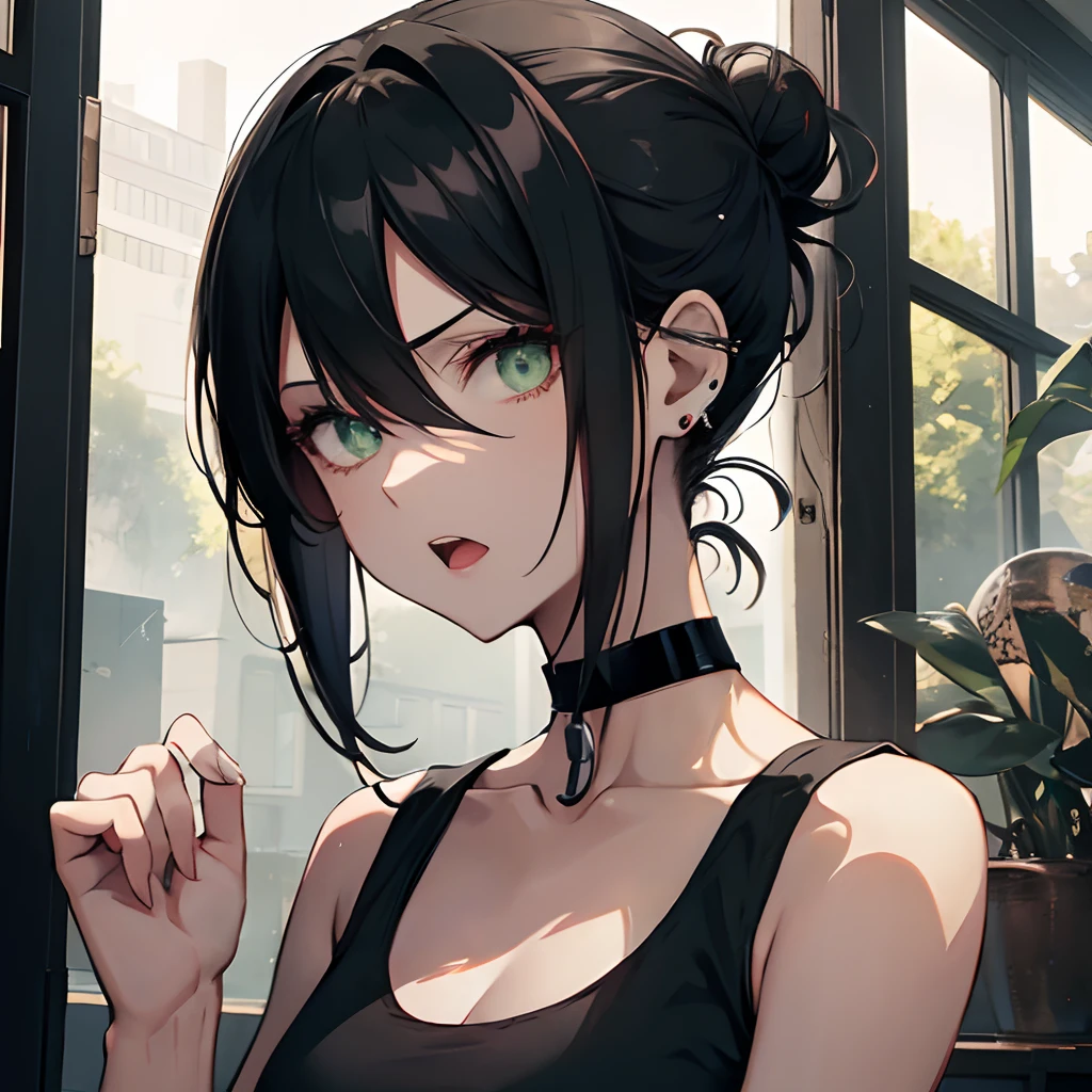 chainsaw man, reze, 1girl, bare shoulders, black choker, black hair, choker, earrings, green eyes, grenade pin, hair between eyes, hair bun, jewelry, looking at viewer, open mouth, shirt, single hair bun, sleeveless, sleeveless shirt, solo, strap slip, black shirt