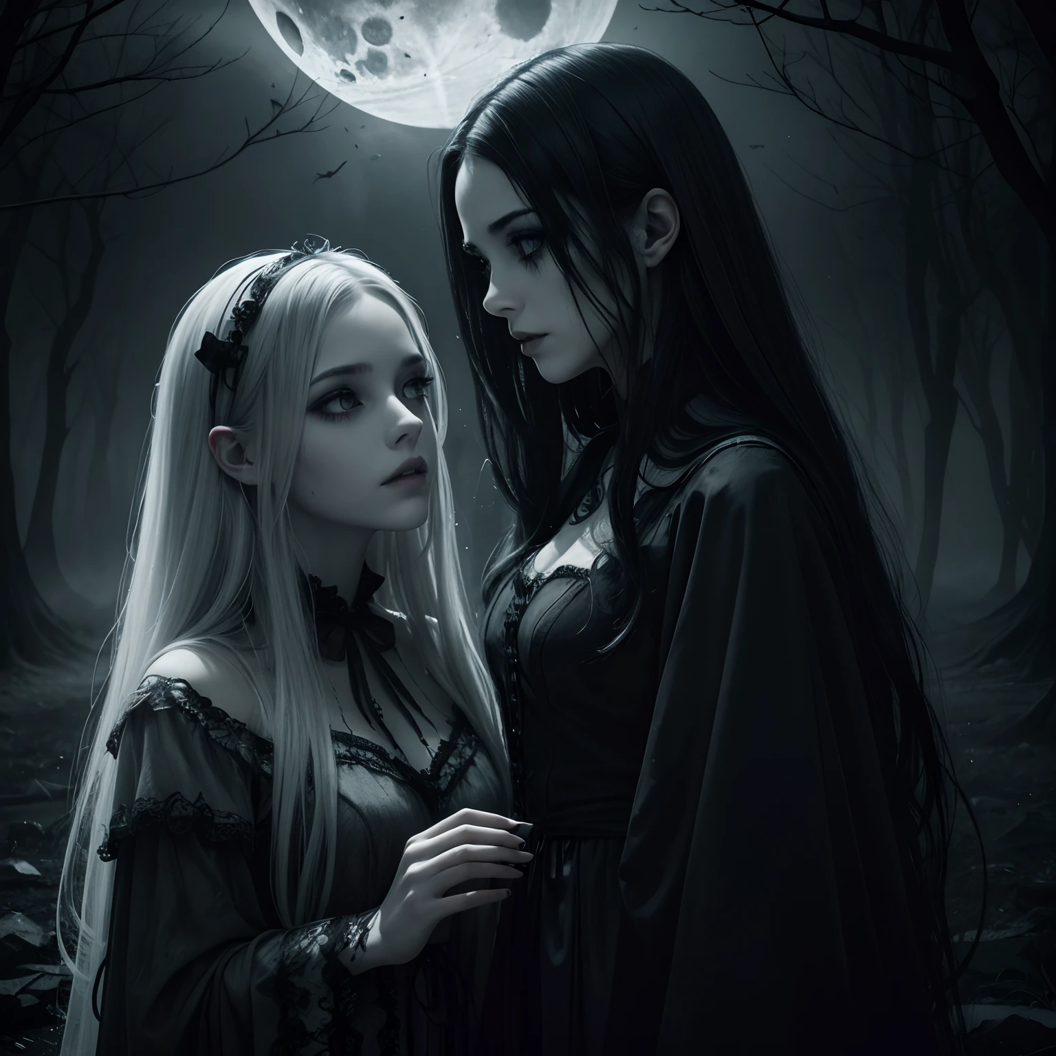 (best quality,4k,8k,highres,masterpiece:1.2),ultra-detailed,macabre,dark,beautiful detailed eyes,beautiful detailed lips,extremely detailed eyes and face,long eyelashes,2girls,horror,haunting,ethereal,dark shadows,distorted,pale skin,flowing hair,black dresses,vintage style,gothic,creepy atmosphere,mysterious,ominous,abandoned setting,hauntingly beautiful,deathly stillness,subtle bloodstains,haunted,ghostly presence,nightmare,otherworldly,lost souls,vivid colors,contrasting black and white,sharp focus,soft lighting,moonlit,haunting moonlight