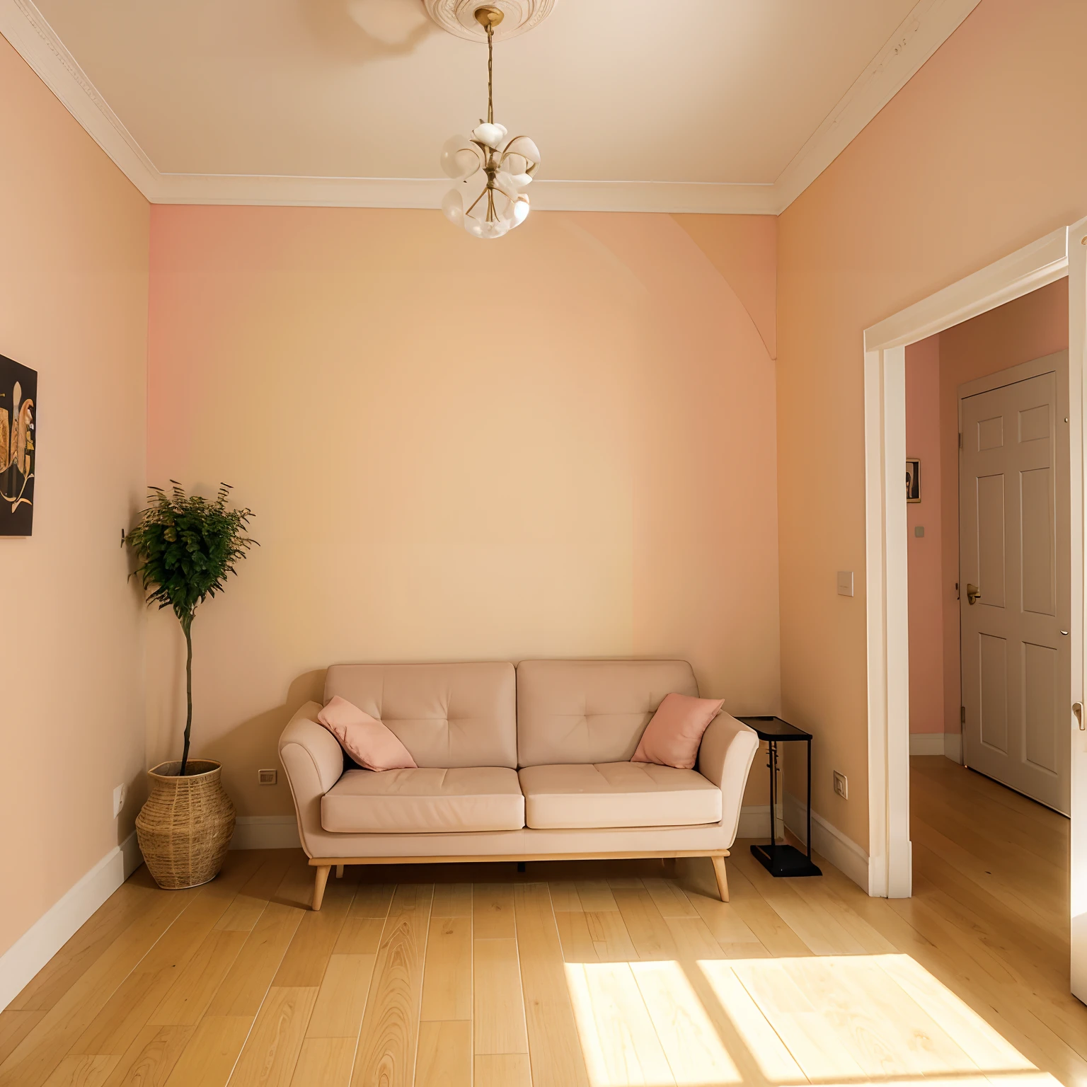 Interior de uma casa simples em Londres , interior de uma casa vitoriana simples, Peach wall, cores neutras, scenecy, Anime setting without humans, good ilumination, pra de com quadros, sala de jantar