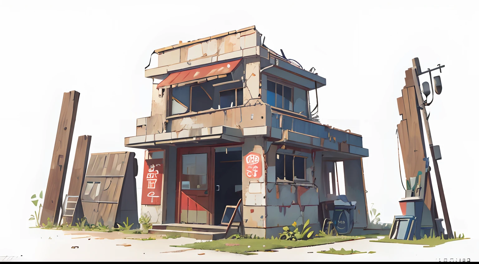 masterpiece, best quality, 8k, absurdres, 1building, concept art of an abandoned gaz station, (((180th angle))), (same building), (enviroment sheet, front, side, back), post-apocalyptic, cracked asphalt, (empty background, white background), rusty, metal pipes, pile of tires, junk, trash cans, soft drink vending machine, (white background), multiple shots of the same building