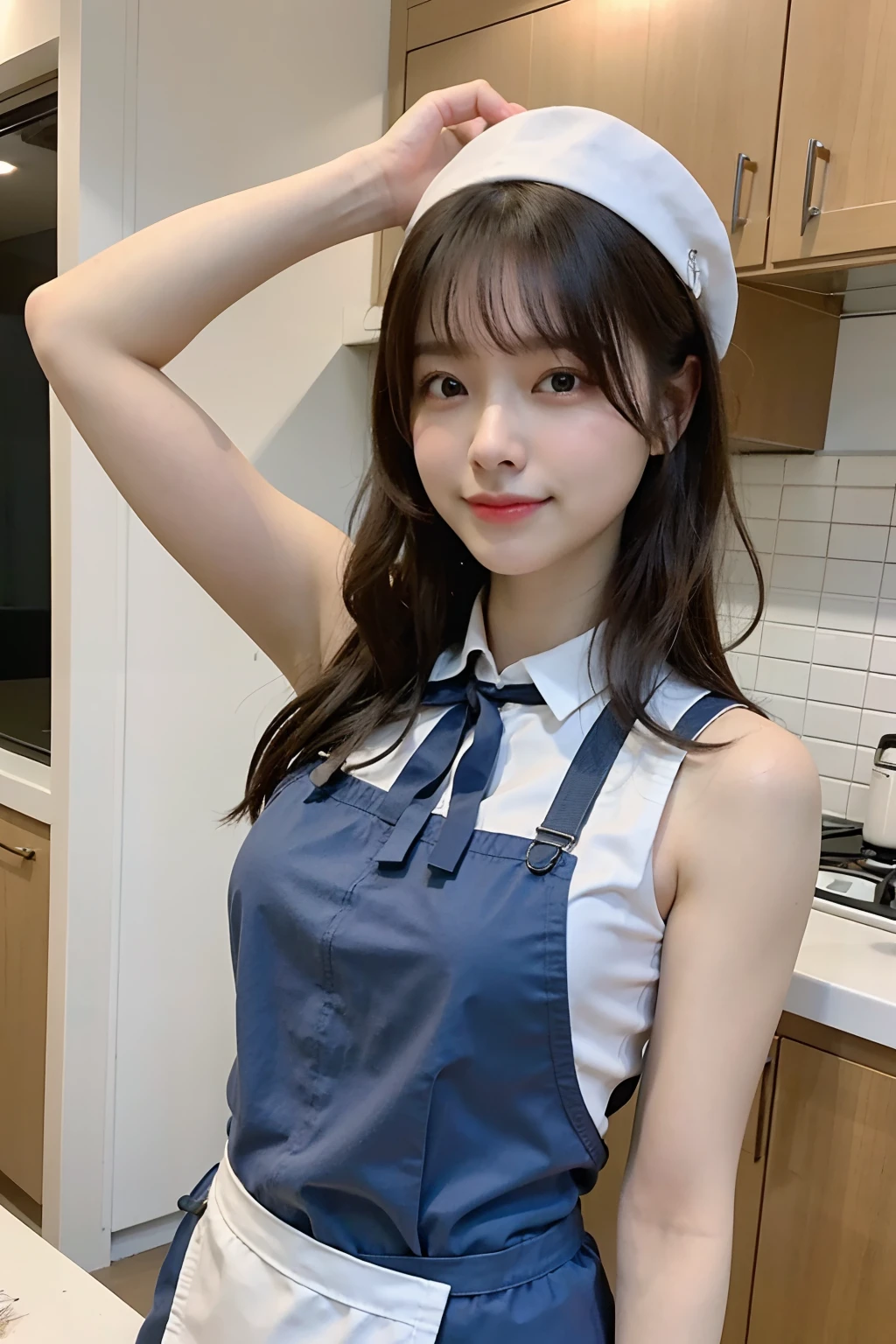 sailor suit, one woman, (a beauty woman, delicate :1.3), black hair, semi straight hair, Bangs Patsun, 8K, highest quality, masterpiece, Super detailed, ultra high resolution, realistic, RAW photo, absolute resolution, small face compared to body (4:1), very small face (4:1), The face is balanced, black hair, (put a white bandana on your head), realistic女子高生, apron, small breasts, tall, slanted eyes, light blue eyes, (Cooking Practice), open your mouth, Smile while looking back, 