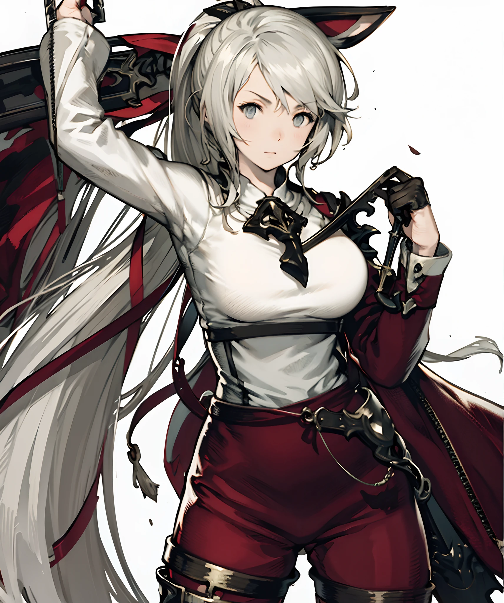 yoshida akihiko, 1girl, bravely default: flying fairy, bravely default \(series\), Nier, final fantasy, gray eyes, Sword in the back, ponytail