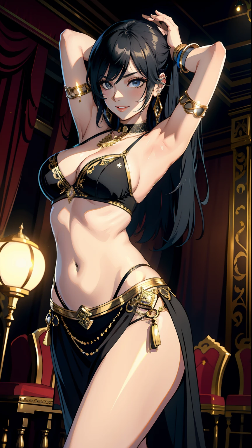 masterpiece, top-quality, Detailed details, Detailed landscapes, beatiful lights, Beautiful Shadows, Female sexy, ((belly dancer)),28 year old,Black eyes,Mischievous smile, A wistful look,eye liner,Long hair,bangle,a choker,piercings, Navel Ejection,model poses,detailed skin textures,((Classic Theater))、(Arabian Night)、 Tyndall effect
