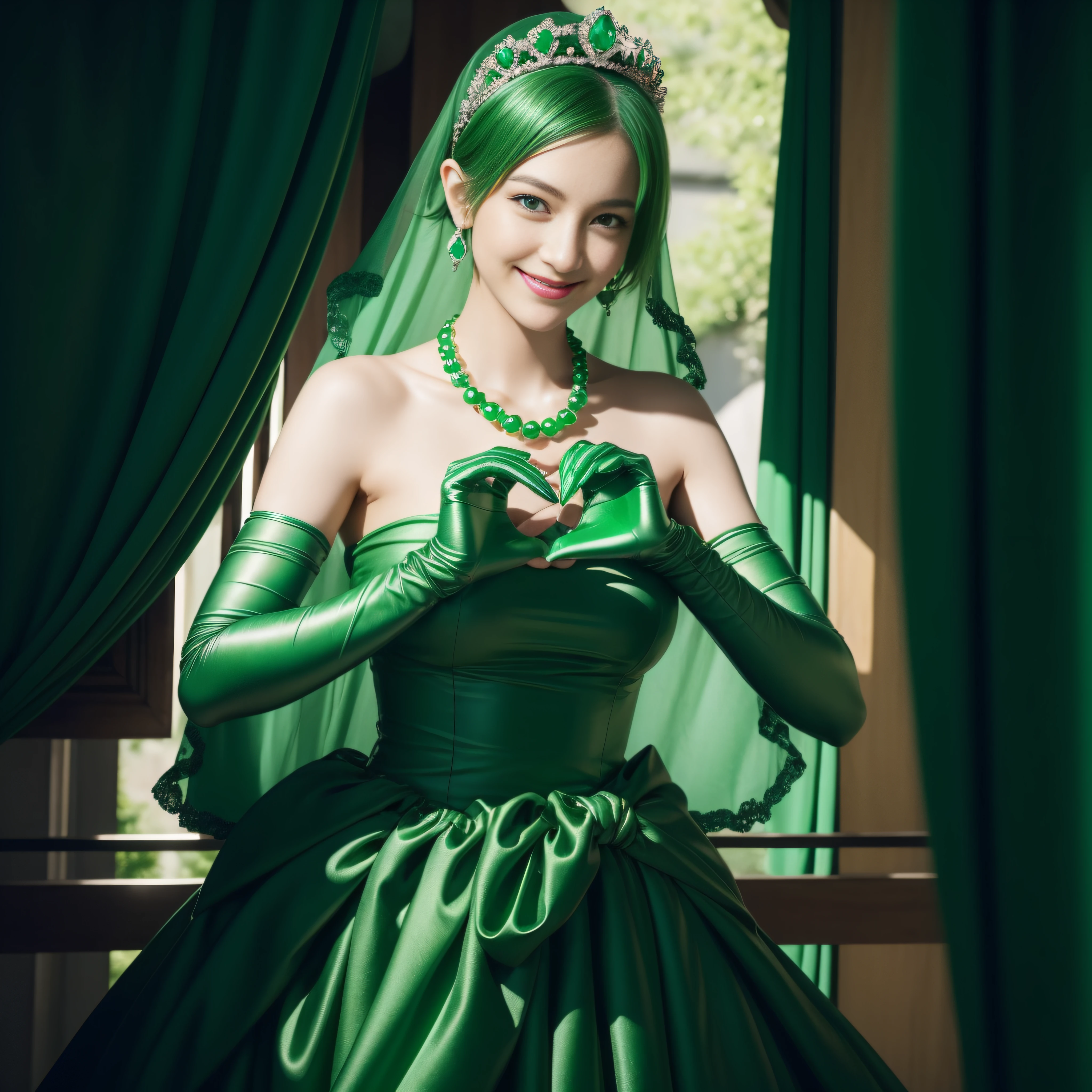 emerald tiara, Green Pearl Necklace, Boyish very short green hair, lipsticks, Japan woman smiling, very short short hair, big breasts beautiful, Green eyes, Long green gloves made of satin material, Green eyes, Emerald Earrings, green vale, Heart with both hands