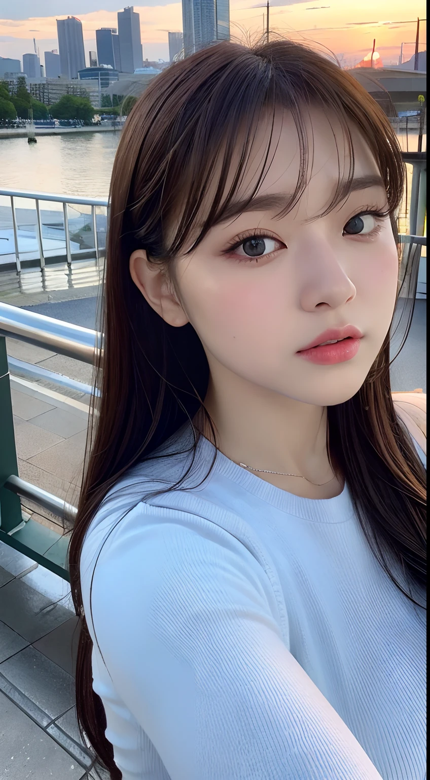 finest image, (8k, RAW photo, realistic), neat and beautiful Japanese woman, iridescent light brown braided bangs straight hair, blue shining big eyes, long eyelashes, double eyelids, half open crimson alluring moist big thick lips, large breasts, side boobs, under boobs, abs, slender, perfect proportion, sunset and rainbow after the rain, blurry background cityscape, selfie, portrait