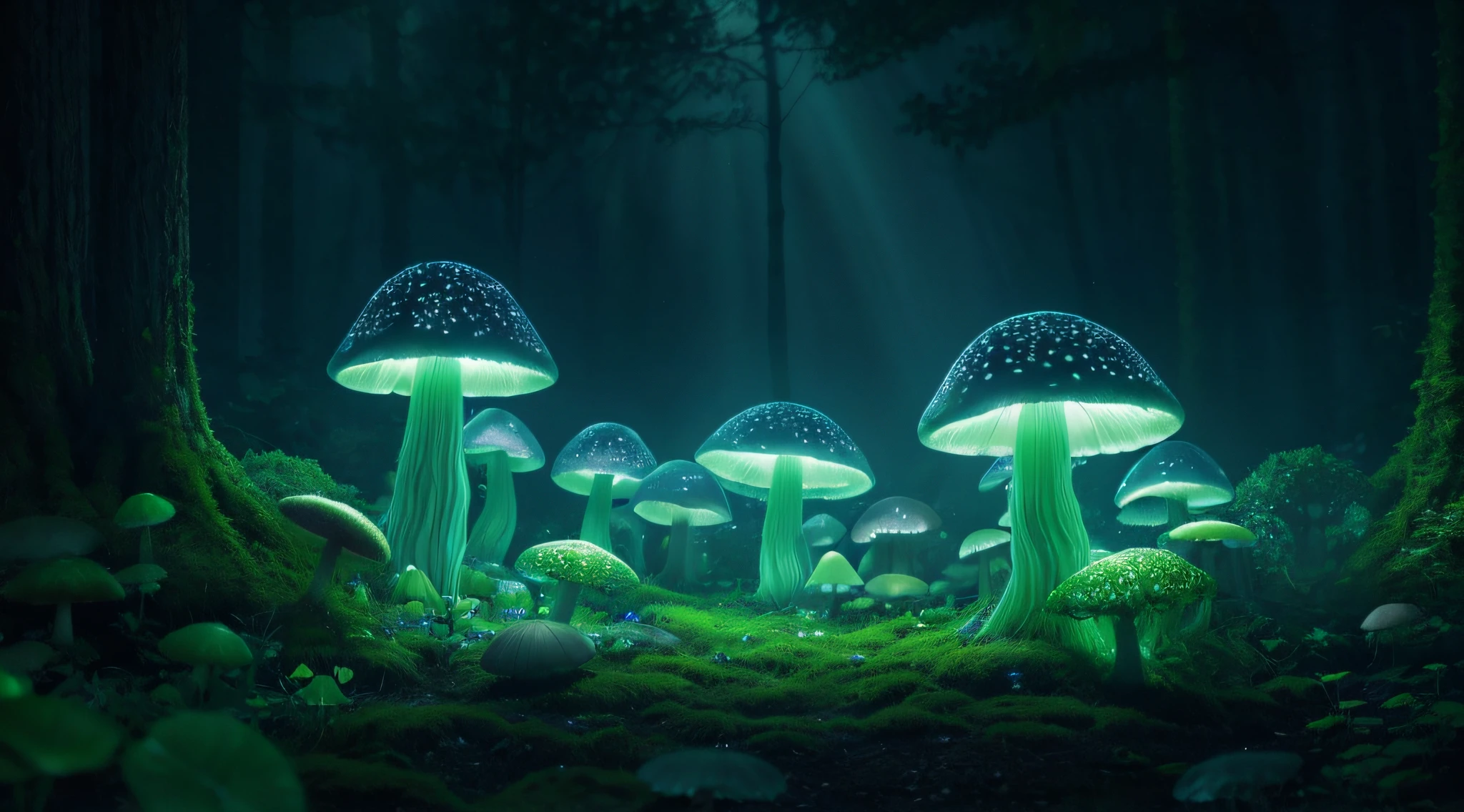 Mycena Chlorophos in its bioluminescent glory. In the heart of an enchanted forest, giant mushrooms emanate an ethereal green light. Fireflies dance around, adding an extra sparkle to the scene. This image is a high-quality masterpiece, capturing the ultra-reality of a landscape worthy of an epic Hollywood film."