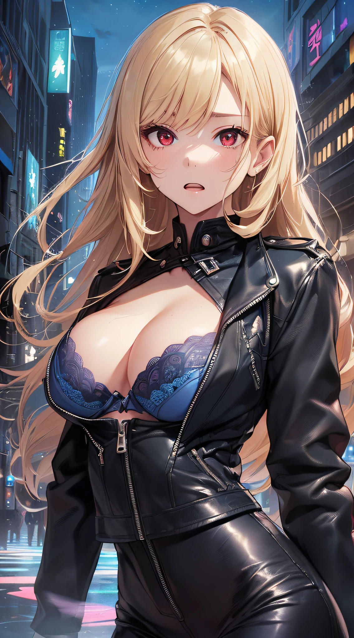 top-quality、Top image quality、masterpiece、girl with((cute little、18year old、Best Bust、Medium bust、Bust 85,Red eyes to issue、Breasts wide open,Valley、Blonde long hair、A slender、Black leather bra、Black leather jacket、White pants、astonished face、)hiquality、Beautiful Art、Background with((nightcity、The ground glows blue、weightless、Weightless world、Floating building、Floating people々)),masutepiece、Elaborate design、visualart、depth of fields、The best lighting、highestdetailed、8k,