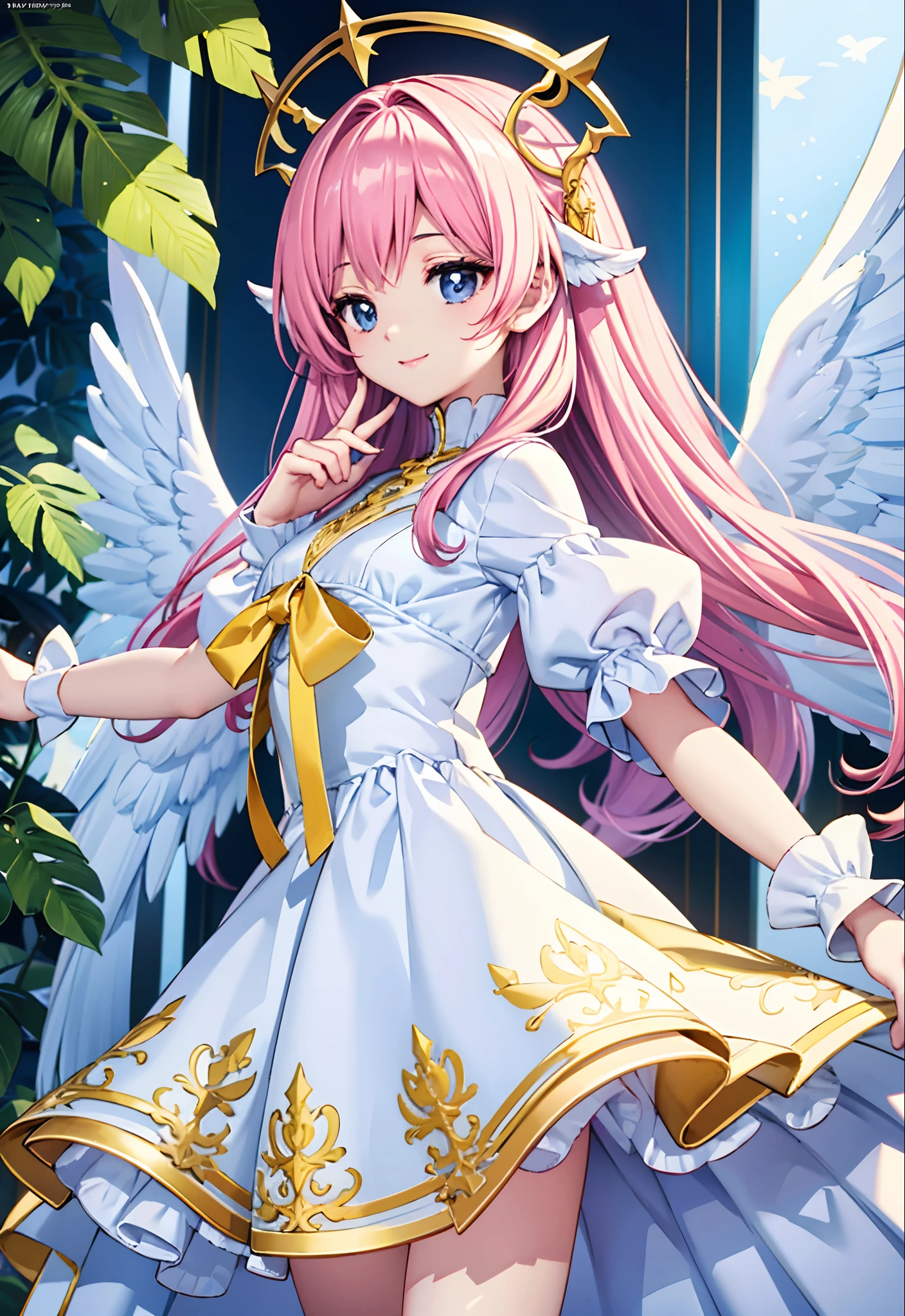 Angel wings shining white, Yellow and pink、Kawaii Girl、adorable smiling、Light blue long hair、Twin-tailed、Colorful angel costume、((top-quality))、((masterpiece))、(ighly detailed、highestdetailed、Official art、Beautifully Aesthetic:1.2)