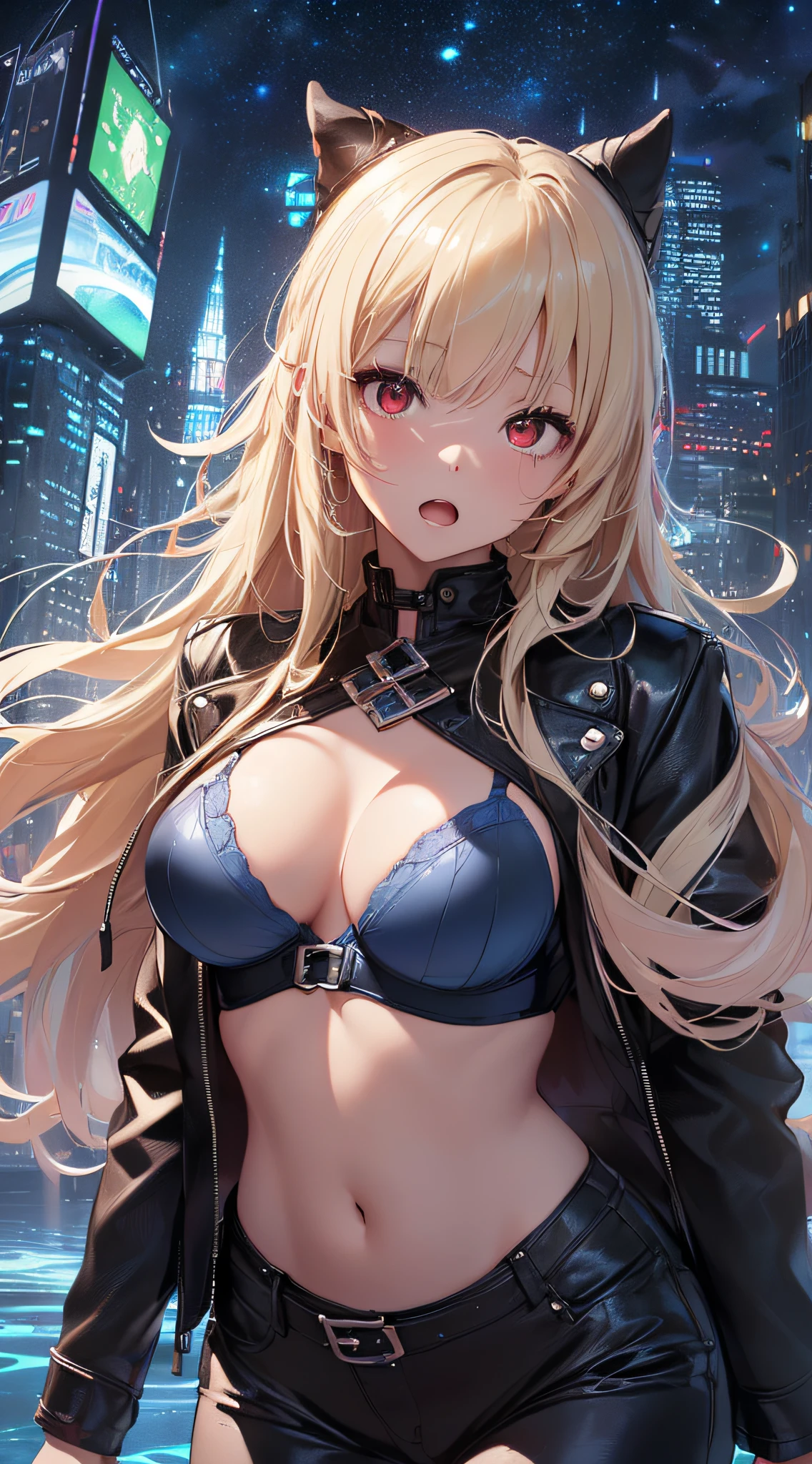 top-quality、Top image quality、masterpiece、girl with((cute little、18year old、Best Bust、Medium bust、Bust 85,Red eyes to issue、Breasts wide open,Valley、Blonde long hair、A slender、Black leather bra、Black leather jacket、White pants、astonished face、)hiquality、Beautiful Art、Background with((nightcity、The ground glows blue、weightless、Weightless world、Floating building、Floating people々)),masutepiece、Elaborate design、visualart、depth of fields、The best lighting、highestdetailed、8k,