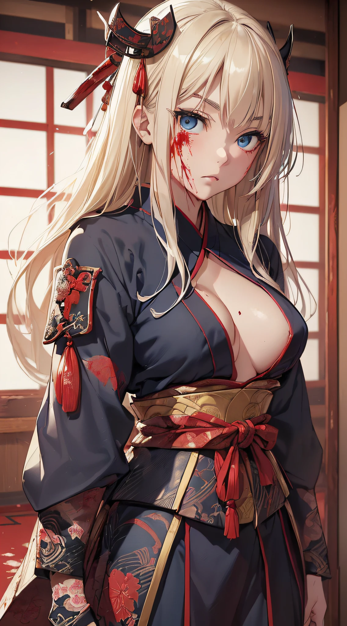 top-quality、Top image quality、masterpiece、girl with((cute little、18year old、Best Bust、Medium bust、Bust 85,Beautiful blue eyes、Breasts wide open,Valley、Blonde long hair、A slender、Black Ninja Uniform、She holds a sword in her right hand 、systemic return blood、Reflecting the whole body、Great valley))hiquality、Beautiful Art、Background with((Japanese-style room、The screen is covered in blood、Bloody tatami mats、Bloody fusuma、Shoji with blood)),masutepiece、Elaborate design、visualart、depth of fields、The best lighting、highestdetailed、8k,、Art of Kurosawa World