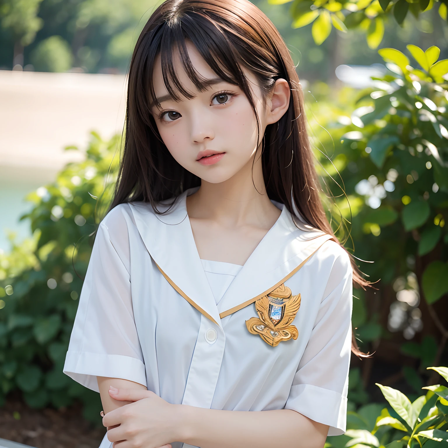 (masutepiece, Best Quality:1.2), 8K, Official art, Raw photo, Cute breasts、Full Bord Bill Four、Handcuffed and restrained、Hands behind your back、14years、small tits、Torn sailor suit、unbelievable Ridiculous, (Upper body、校服:1.4), Beautiful Girl, Pretty Face, arching back down,、Gold hair ornament on hair、close up, Sailor Suit, Short sleeve, violaceaess, Teen, Looking at Viewer, Film grain, chromatic abberation, Sharp Focus, face lights, Dynamic lighting, Cinematic lighting, Eyes and faces with detailed, Bokeh background,