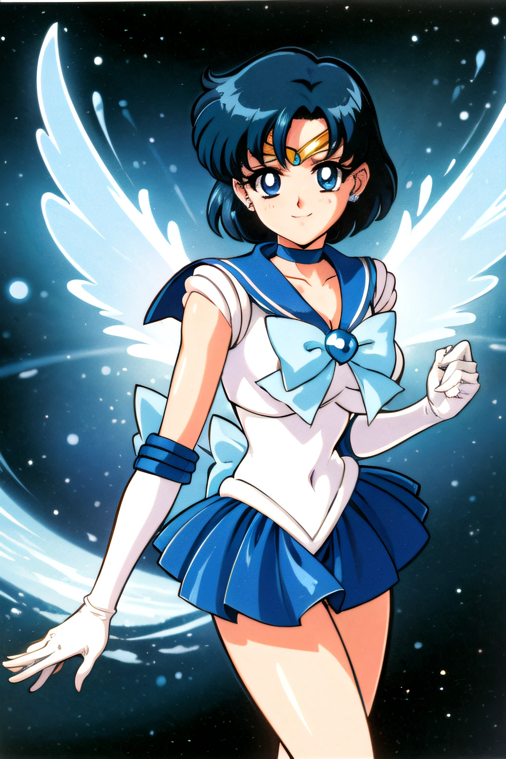 (top-quality:1.3), (​masterpiece:1.4),(Anatomically correct), (Full limbs),(complete fingers),(Precise fingertips), (Fine details),(8K),Photorealista,Sailor Moon!!!!!!!!, Sailor Moon Style,by Sailor Moon, Sailor Senshi Uniform,(Sailor Mercury:1.25),aqua eyes, Dark green hair,Blue choker,
ful:1.3,stands,3D,realisitic,Ultra Micro Photography,top-quality,Ultra detailed CG unity 8k wallpapers,frombelow,intricate-detail,(1 female),20yr old,(Mer1, tiarra, Sailor Senshi Uniform,white glove,Blue sailor color,a blue skirt,Sailor Senshi Uniform:1.2,Sailor Mercury:1.2,meishaonv),shorth hair,short blue hair:1.2,Sailor Senshi uniform revealed,Shiny blue color sexy pleated mini skirt:1.3,(very large blue-colored bow in the center of the chest,,:1.4,Golden tiara on the forehead:1.5,Blue gloves on the elbows:1.1,Bare upper arms:1.1,Long knee high boots in shiny blue enamel,Luxurious gold decoration:1.3,Saturated wide blue color, Saturated Blue Sailor Color,Long white latex gloves with luxurious gold décor:1.3,very large blue bow behind the waist,,:1.1,Blue choker,Cleavage looks sexily boldly big,Blue star-shaped earrings)),partedbangs,((seducting smile,Very pretty face,Details of face:1.5,Bright blue eyes,美丽的面容,beautidful eyes,shinny eyes,thin lipss:1.3,thin and sharp pale eyebrows,,long dark eyelashes,Double eyelashes)),Luxurious Golden Jewelry,(Very thin and fitting high gloss white holographic leather:1.3),Bold and sexy slender high leg gravette swimsuit,(battle posture), Huge white wings,thin and muscular muscles,Muscular abs,a small face,huge-breasted,perfectly proportions,big breasts thin waist,SEXY Model Pose,Visible Pore,perfect hand:1.5,octane renderings,highly dramatic picture,Strong natural light,sunlights,exquisite lighting and shadow,dynamic ungle,DSLR Harp,Focus:1.0,Maximum clarity and sharpness,(The divinity of water,Splattering on the background of the space,Dynamic water background,Waterman: 1.2,Eau,polka dots,Water hair,Dynamic Frames,mercury,rays of moonlight,a moon,Dynamic backgrounds,Background of details)),(Best Quality), (awardwinning, Textured skin),(Super Detail),(90s Anime, 9 0 s anime, 9 0 s anime style,anime cels, cel shaded anime),(Skirt that rolls up:1.15),