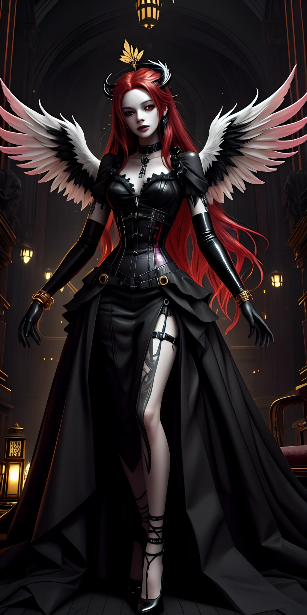 Red-haired demoness woman, full growth, very beautiful, long red hair, smooth, clean, white skin. Red and black short evening dress, cinematic picture, high detail, dynamic expressive image, detailed skin texture, graceful figure, sexy girlfriend, tattoos, dark angel, Italian Renaissance, great art. Magic and cyberpunk mixed together. Expensive jewelry symbolizes esoteric knowledge mixed with cyber technology, electronics, implants, expensive futuristic body jewelry, and tattoos. Warm range of colors, golden light, contrasting light with cold side lighting, expressing volume and shape. High-quality 3D visualization imitating painting techniques, a painting executed by an outstanding master in a painterly manner. Distant esoteric future, high technology - magic. Masterpiece. the highest quality, background - futuristic horror style, engineering structures, temple of cyber technology, clear frame, soft shadows, contrasting light.
  2_Her body is grace, elegance, and ideal figure, a woman with long red hair, waist-length hair, black metal, a leather corset, a rock star, a demonic image, body covered in tattoos. On the body, there is a corset of belts, fasteners, and fastenings, electronic implants, woven into her outfit, the Goddess of Darkness, the angel of the CyberWorld.
3_ Background environment; Urban hall, glow, wires. electronic mechanisms, Create an esoteric ornament, an epic structure - a temple, a religious building, High vaulted ceilings, Modern architecture - esoteric: studio light, side light, the contrast of cold shadows, and warm golden light.
4_High image quality, 4K | Ultra HD | Full HD, cinematic rendering, 3D visualization. 8K Full Body Rendering Unity, Motion Capture, Skin Pores, Detailed Face (Vivid, Photorealistic, Realistic, Sharp Focus, 8K). High-detail textures, fabric, material, leather, metal, electronic implants. Texture, high quality, (shades of gray, red, black, elements, metallic luster), Magic amulets on the chest, cabalistic symbols. Fi