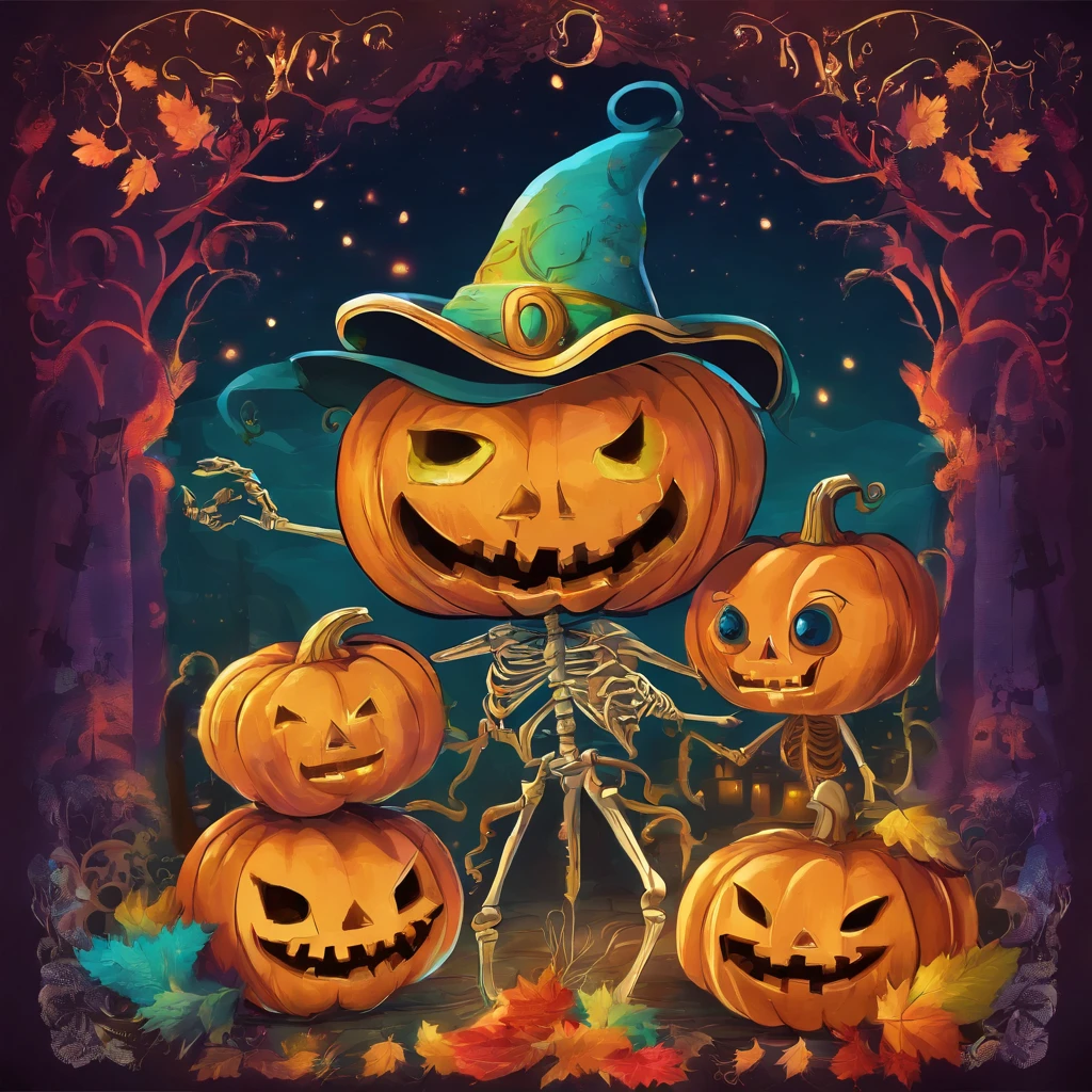 Pumpkin Little Monster movie poster,Cute little skeletons,plethora of colors,colorful,Highest image quality,Cinematic texture,A masterpiece,tmasterpiece,Fireworks in the background