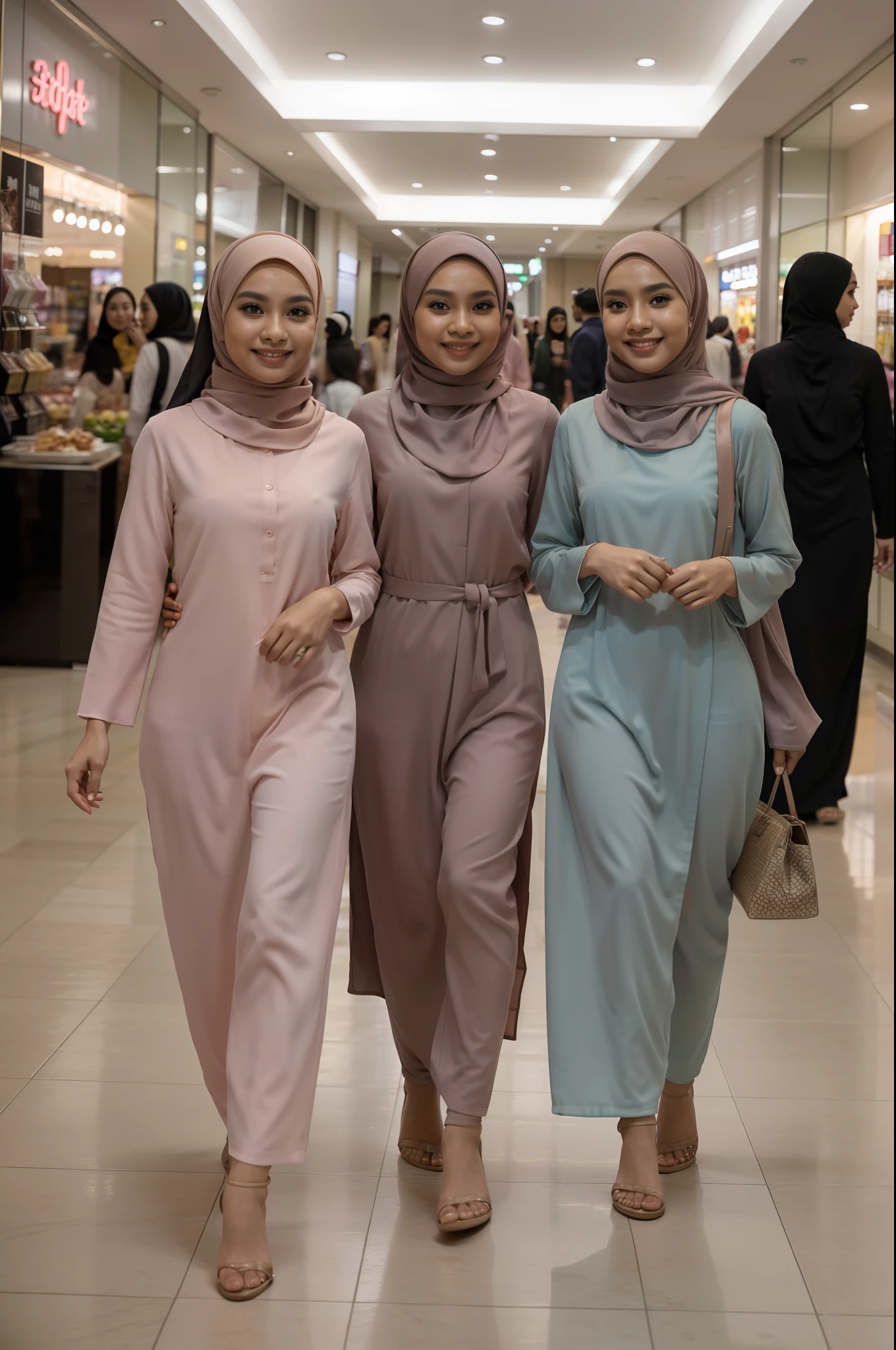 Portrait photography of 3 beautiful young malay girl in hijab wearing pastel color baju kurung walking, catwalk, nighttime, crowded mall background, bright lighting, smile and happy gesture, 8k, high quality, ultra detail, movie shot framing, mid shot photo,