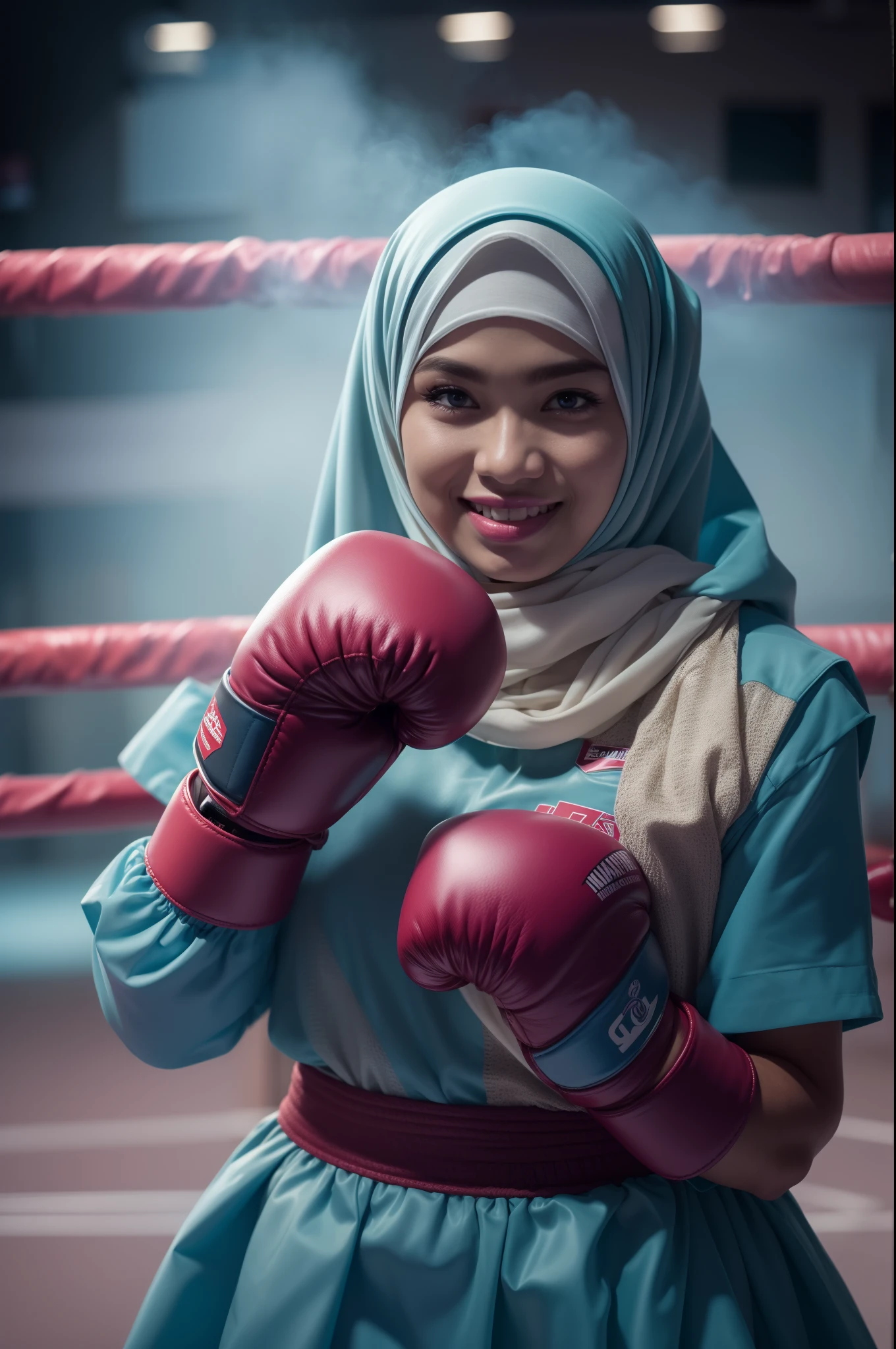 a sserafimsakura, hyper realistic, lifelike texture, dramatic lighting, Nikon RAW photo, 8k, Fujifilm XT3,CitrineDreamMix, masterpiece, best quality, realistic, (photorealistic:1.4), ultra detailed, extremely detailed face, solo,1 malay hijab girl, wearing light blue hijab,standing, (boxing gloves:1), (boxing ring), (smile:1), blue boxing outfit, dramatic and action effect, large amount of smoke effect, dramatic lighting,