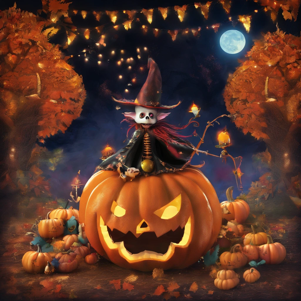 Pumpkin little monsters,Wearing a black magician cloak,Cute little skeletons,plethora of colors,colorful,Highest image quality,Cinematic texture,A masterpiece,tmasterpiece,Fireworks in the background