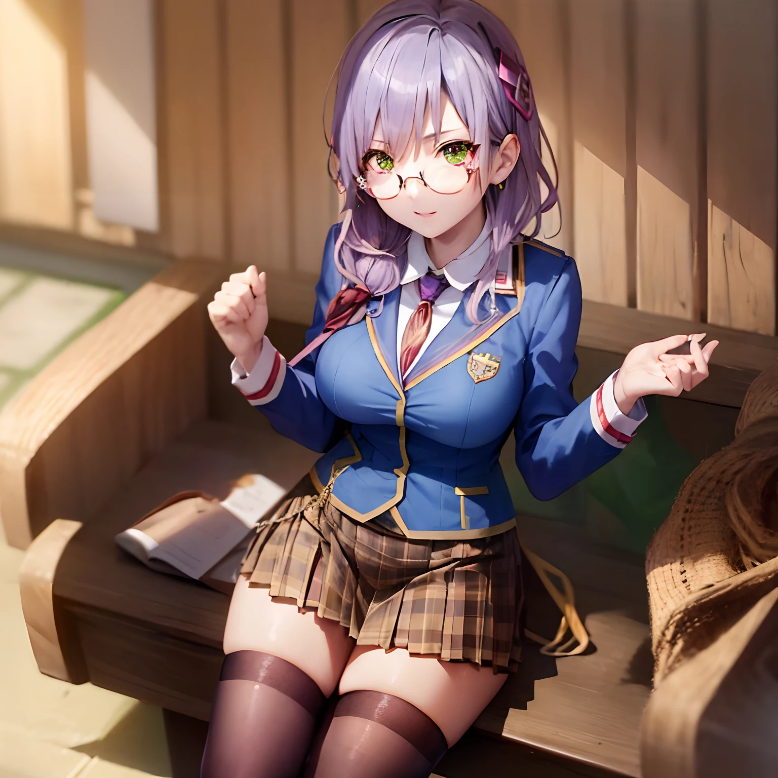 yuki izumi, glasses, green eyes, hair ornament, long hair, pleated skirt, purple hair, school uniform, thighhighs,