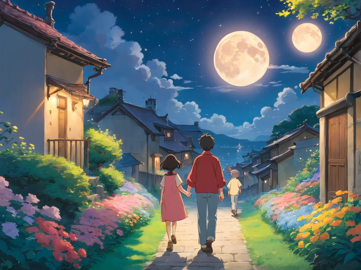 Full moon and stars in sky illustration，Father and young son holding hands，Walk on the path full of flowers，exteriors，House scene just around the corner，Minority elements，Heartwarming scene，perfect  detail