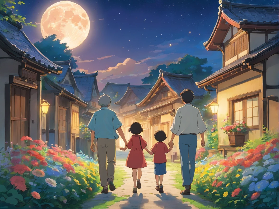 Full moon and stars in sky illustration,Father and young son holding hands,Walk on the path full of flowers,exteriors,House scene just around the corner,Minority elements,Heartwarming scene,perfect detail