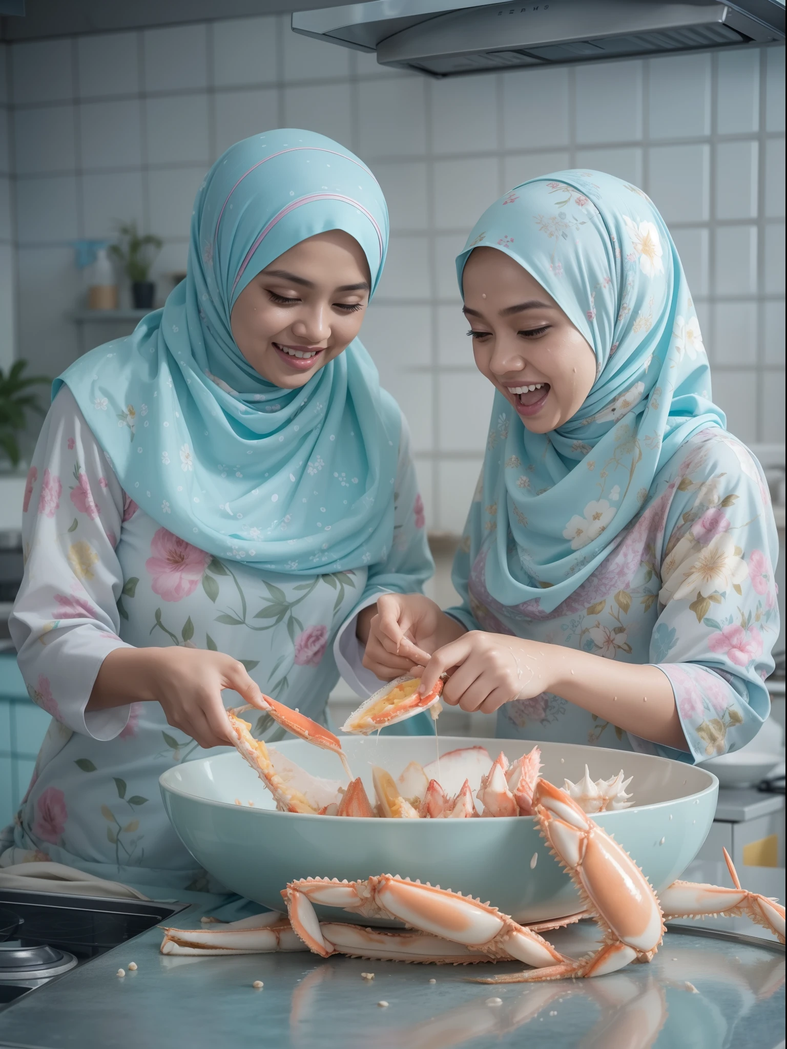 2 beautiful malay girl in pastel color hijab cooking very big king crab, wear pastel blue and white floral pattern baju kurung, lively moving king crab, shock, funny and clumsy situation, laughing, happy, messy kitchen, wet kitchen and cloth, detailed skin texture, soft lighting, pastel color theme, high quality, movie shot framing, ultra detail, 8k,