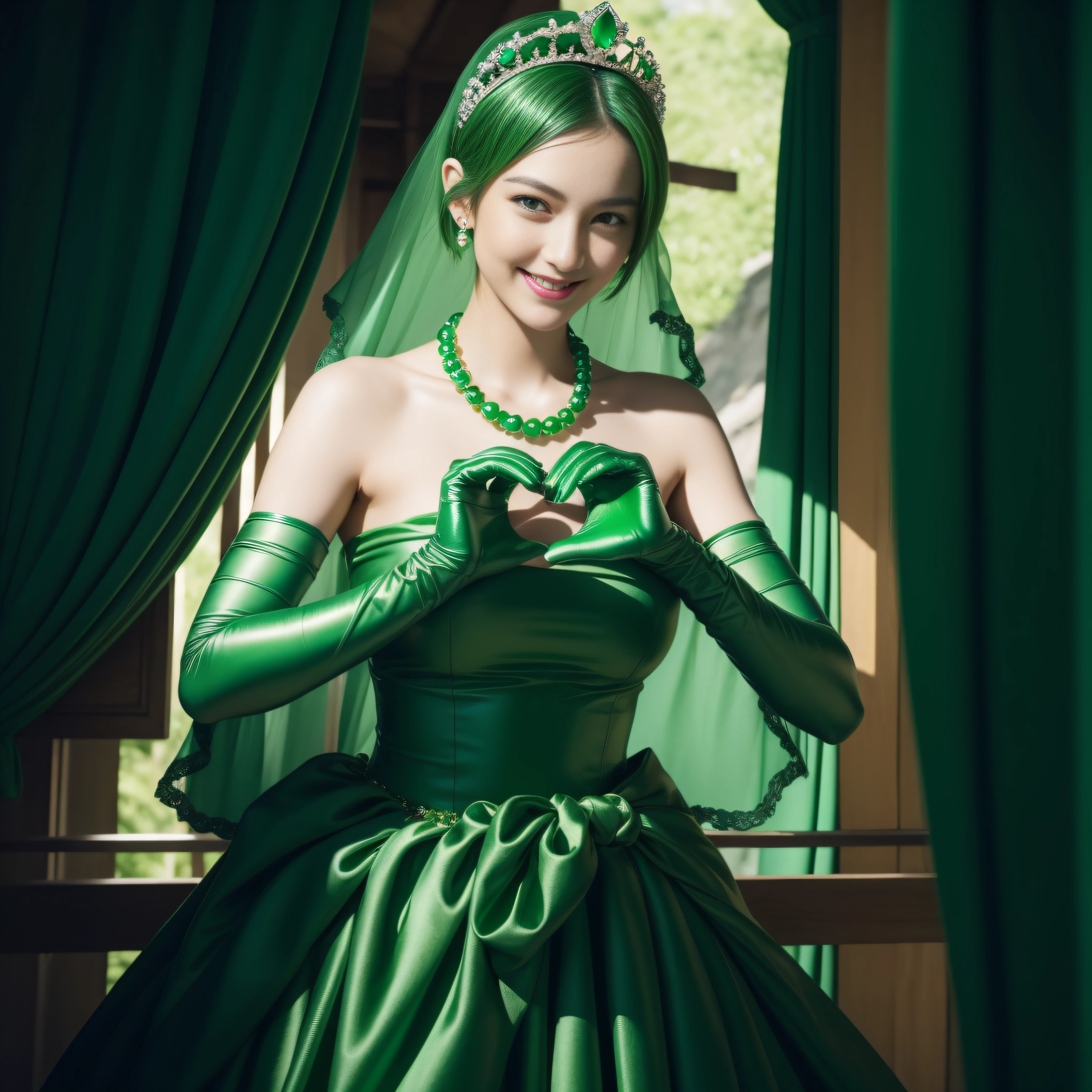 emerald tiara, Green Pearl Necklace, Boyish very short green hair, lipsticks, Japan woman smiling, very short short hair,  big breasts beautiful, Green eyes, Long green gloves made of satin material, Green eyes, Emerald Earrings, green vale, Heart with both hands