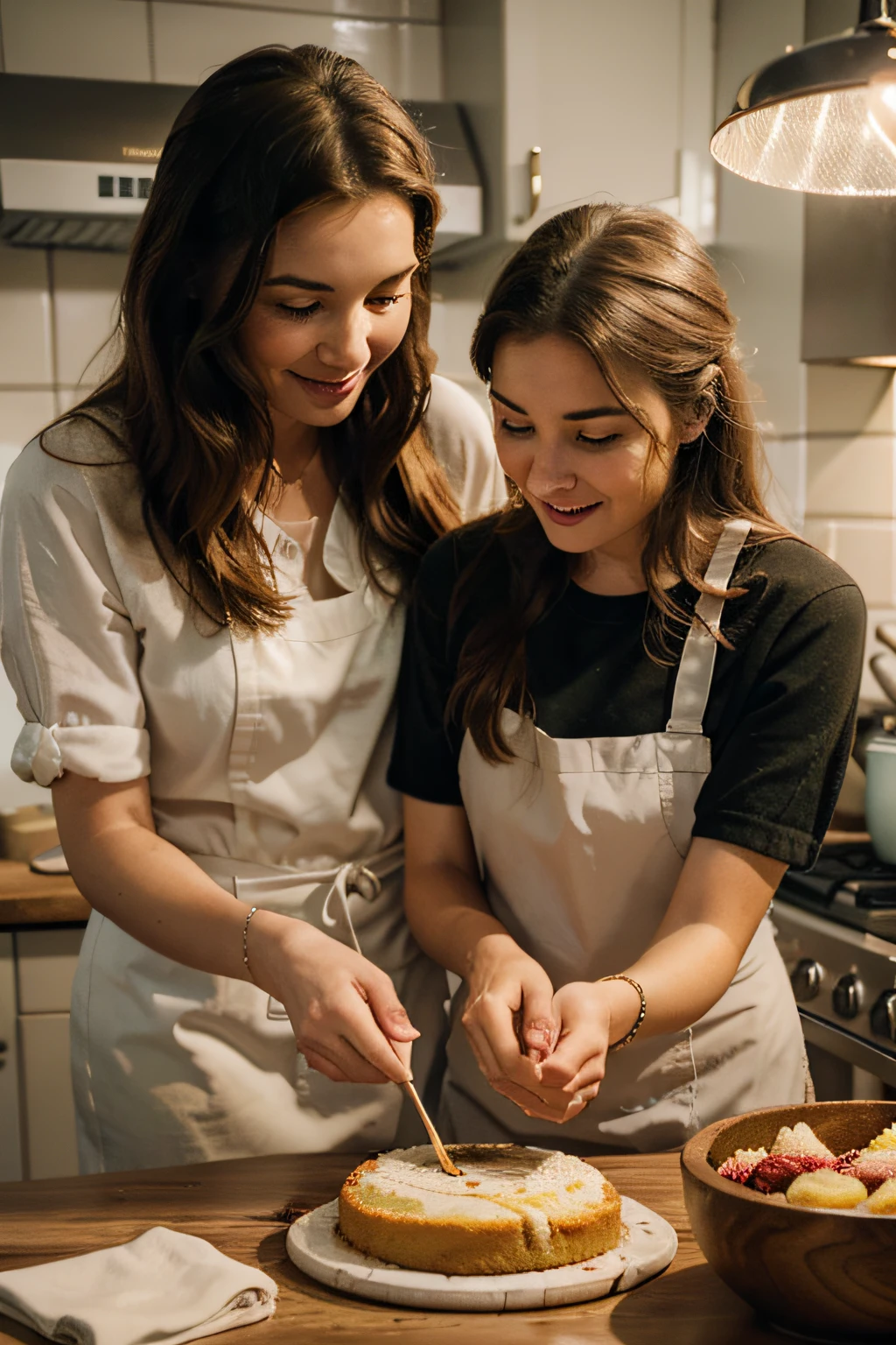"Create a high-quality image with advanced details and a cinematic style, depicting a warm and affectionate scene of a mother and daughter preparing a cake in a kitchen. Make sure to capture realistic facial expressions, intricate ingredient details and kitchen furniture , as well as immersive lighting to convey the welcoming atmosphere of the moment. The image should evoke positive emotions and highlight the connection between mother and daughter during this special cooking moment."