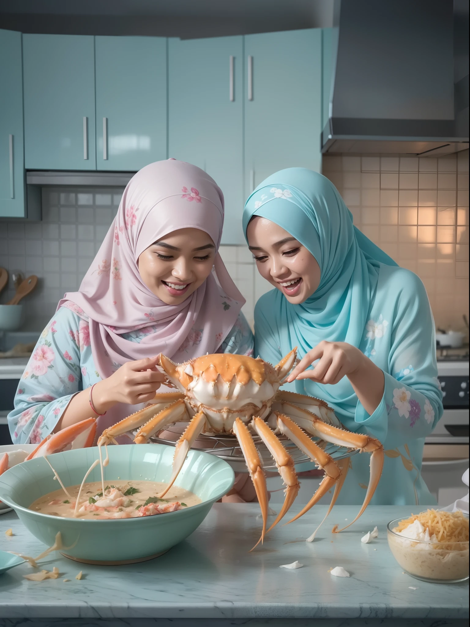 2 beautiful malay girl in pastel color hijab cooking very big king crab, wear pastel blue and white floral pattern baju kurung, lively moving king crab, shock, funny and clumsy situation, laughing, happy, messy kitchen, wet kitchen and cloth, detailed skin texture, soft lighting, pastel color theme, high quality, movie shot framing, ultra detail, 8k,