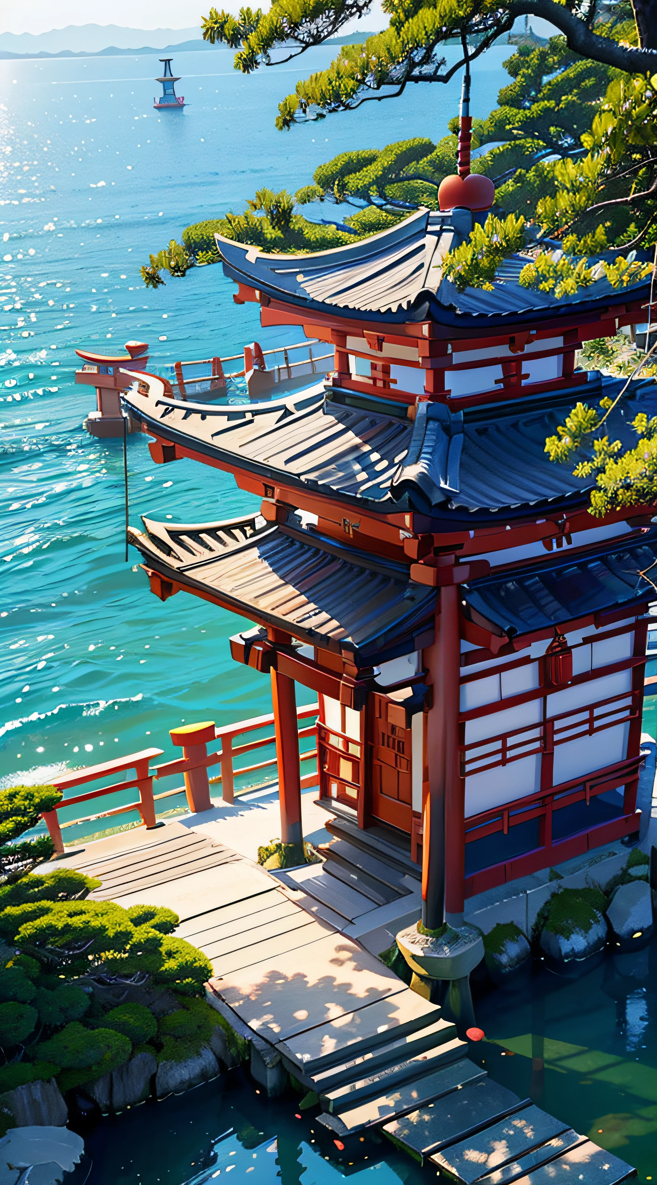(Japan Beauty、shrine maiden、17 age、Beautuful Women:1.5、cute little、spotless)、(Torii gate on the sea、evening glow、shores)、Write、a smile、Slightly red cheeks、shrines