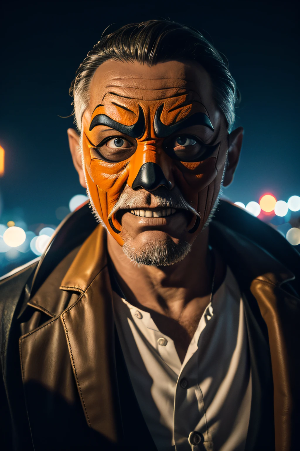 a fake man wearing a halloween mask, 8k UHD, DSLR, soft-lighting, alta qualidade, grain of film, Fujifilm XT3