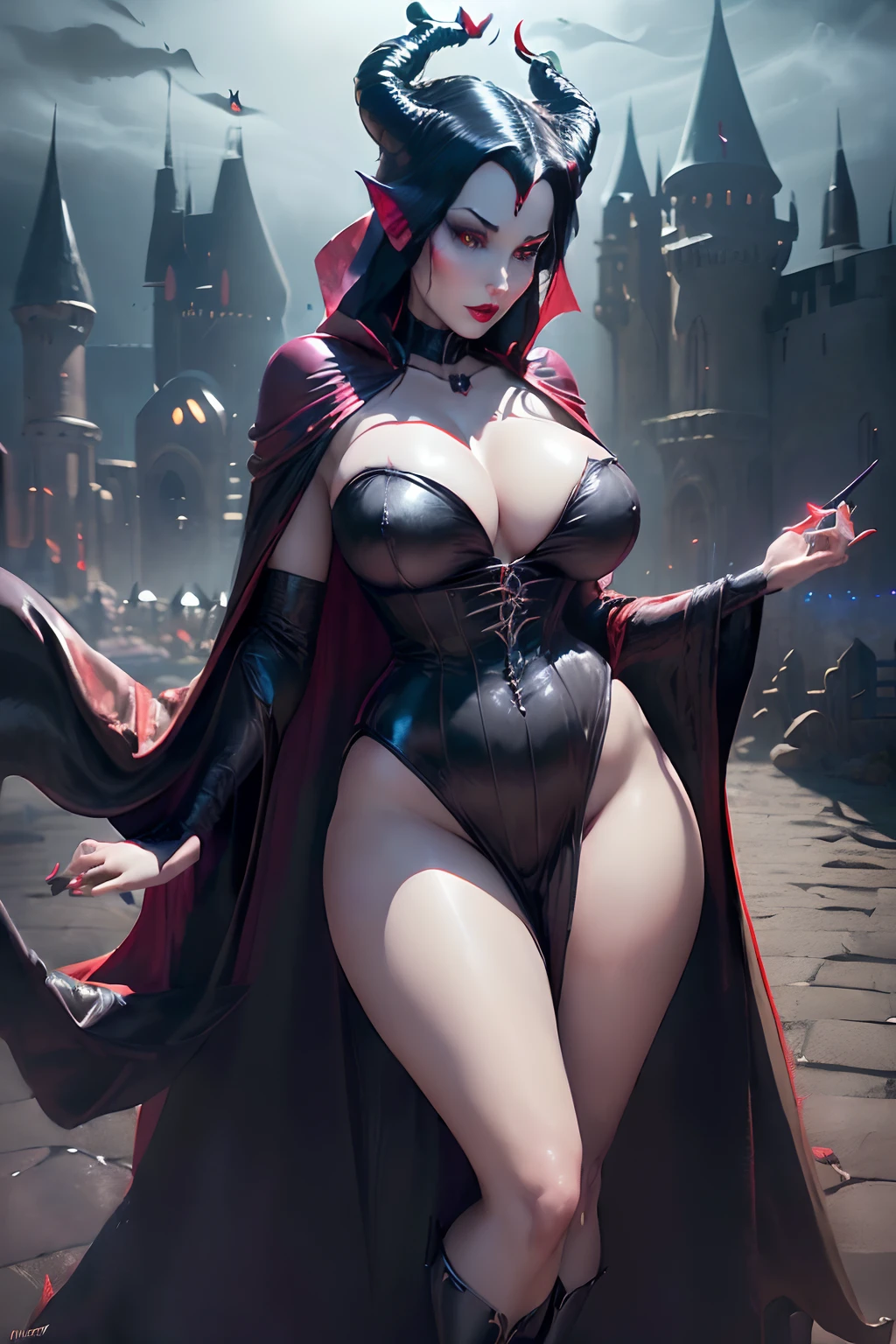 ((maleficent, from disney the sleeping beauty animated movie series)) ((beautiful face)) (red lipstick) ((black hair)) ((very huge breasts) (perfect slim body) ((wears windy long black robe, cape, huge horns)) ((choker)) ((posing sexy inside haunted castle at night)) (high definition, dynamic lights and shadows) ((masterpiece)) (8k) (perfect face) (best quality) (perfect hands) ((casting green magic from hands)) ((crown flying around))