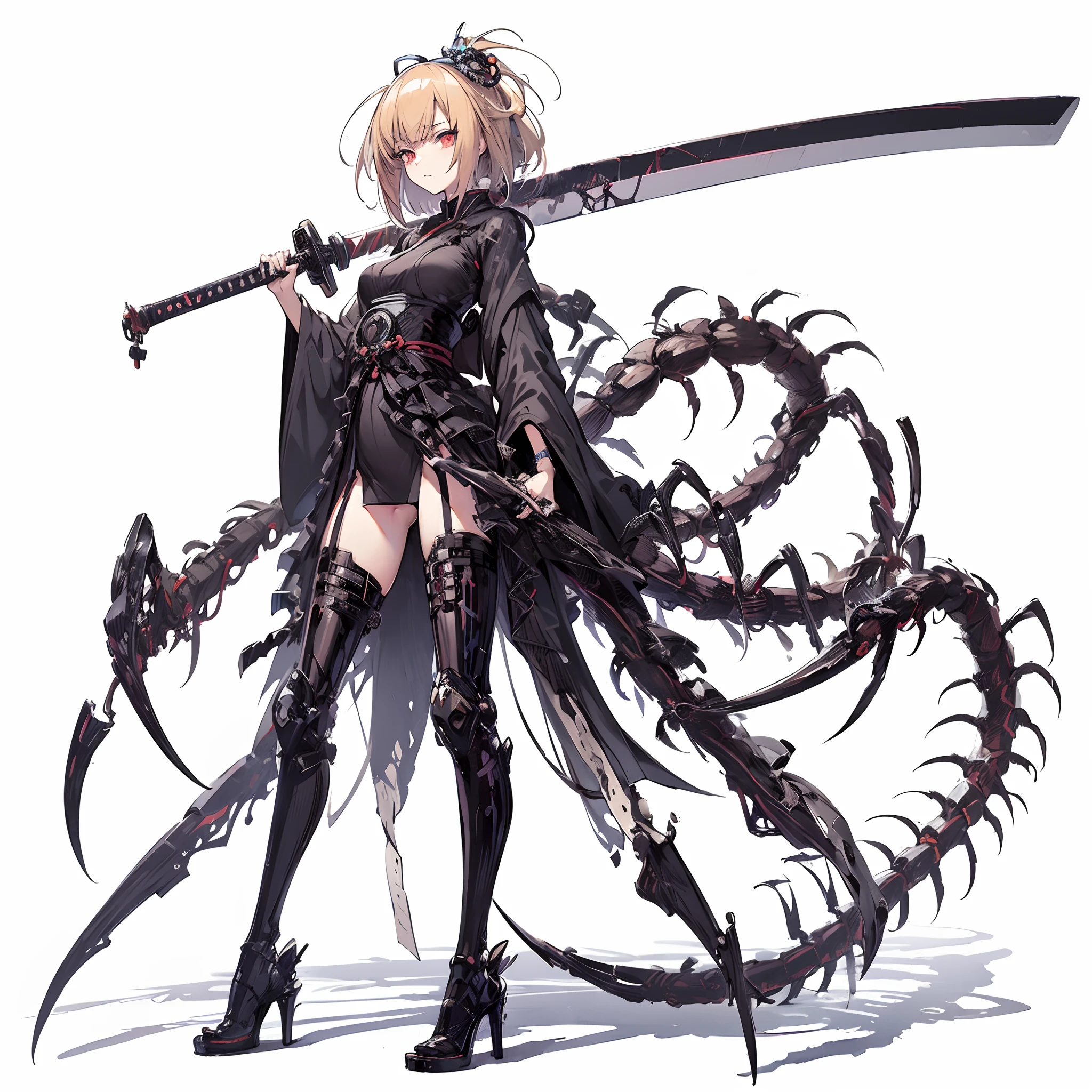 (masutepiece, Best Quality), (Perfect female body:1.2), Ultra-detailed, Anime style, Solo, Priestess Wearing a Cyber Dress、With a huge giant sword, Cyberpunk Ninja Girl, ash blond hair, huge many branched centipede tails,, White background, Whole body. Standing in the wasteland