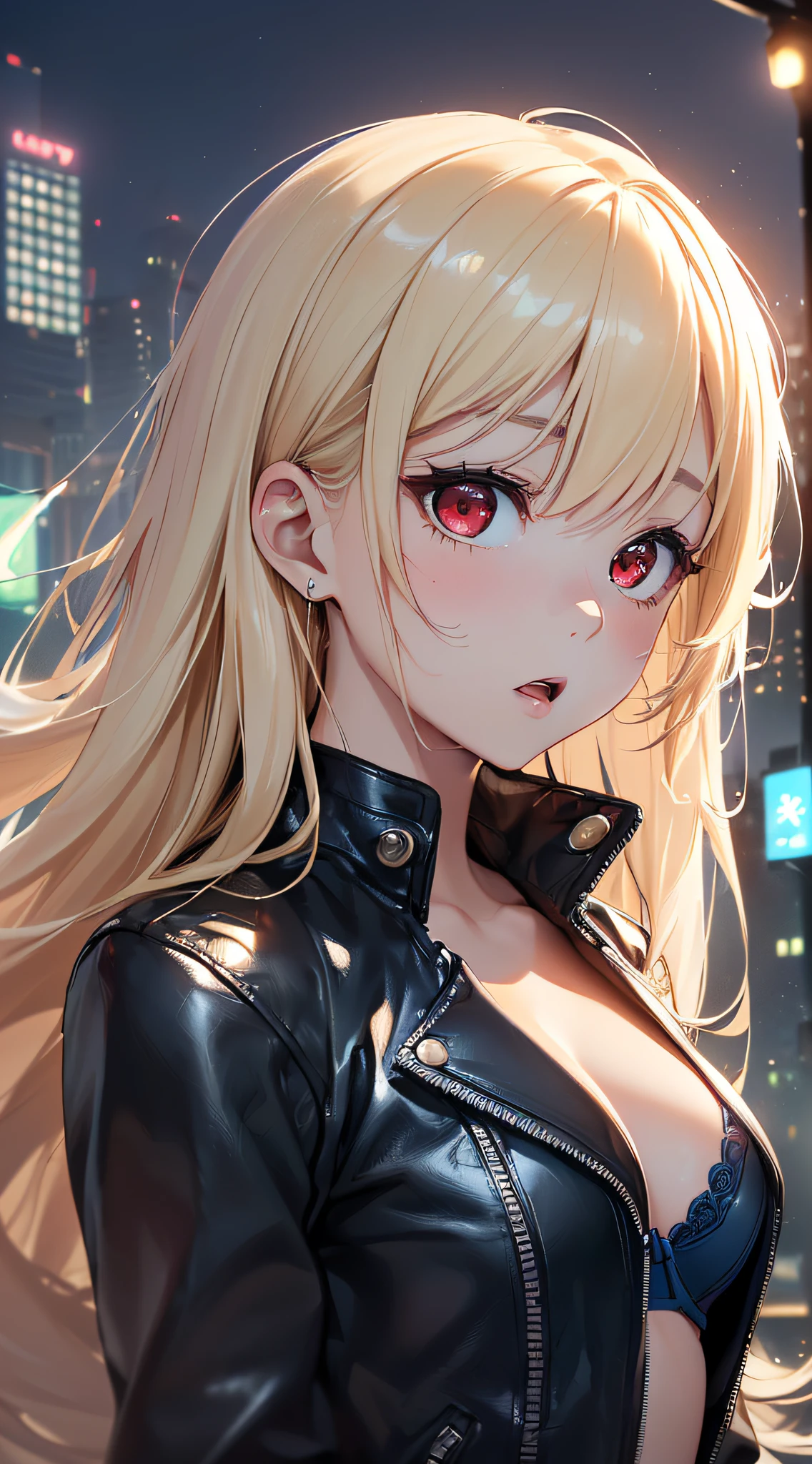 top-quality、Top image quality、masterpiece、girl with((cute little、18year old、Best Bust、Medium bust、Bust 85,Red eyes to issue、Breasts wide open,Valley、Blonde long hair、A slender、Black leather bra、Black leather jacket、White pants、astonished face、)hiquality、Beautiful Art、Background with((nightcity、The ground glows blue、weightless、Weightless world、Floating building、Floating people々)),masutepiece、Elaborate design、visualart、depth of fields、The best lighting、highestdetailed、8k,