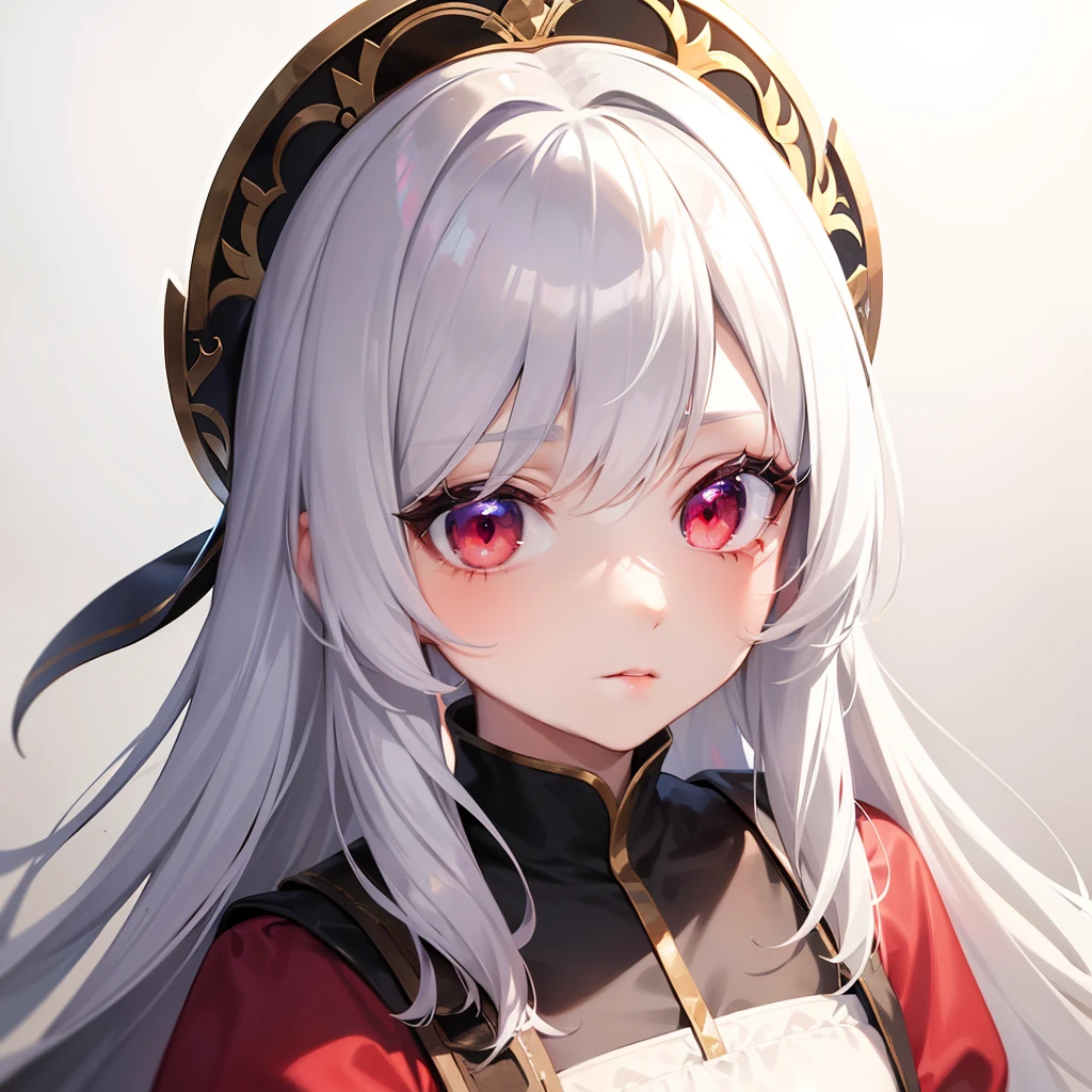 A pretty anime girl, 7 , wearing a medieval clothes, a girl with white hair, and red crimson eyes, is looking at you, a princess, close up.