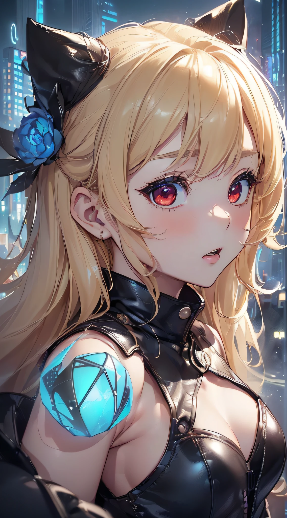 top-quality、Top image quality、masterpiece、girl with((cute little、18year old、Best Bust、Medium bust、Bust 85,Red eyes to issue、Breasts wide open,Valley、Blonde long hair、A slender、Black leather bra、Black leather jacket、White pants、astonished face、)hiquality、Beautiful Art、Background with((nightcity、The ground glows blue、weightless、Weightless world、Floating building、Floating people々)),masutepiece、Elaborate design、visualart、depth of fields、The best lighting、highestdetailed、8k,