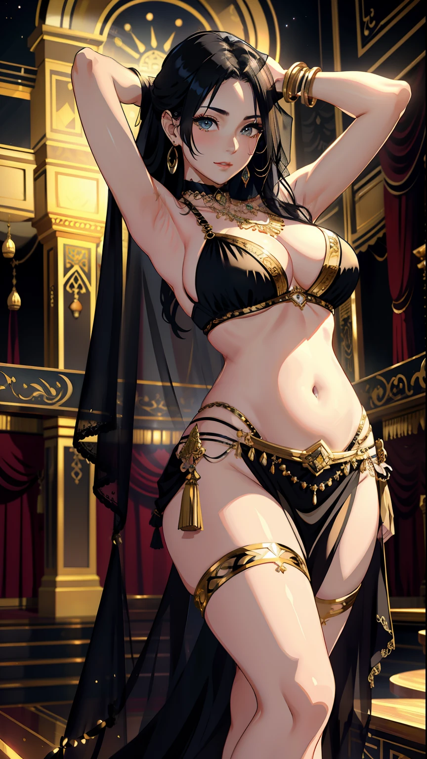 masterpiece, top-quality, Detailed details, Detailed landscapes, beatiful lights, Beautiful Shadows, Female sexy, ((belly dancer)),28 year old,large full breasts、Black eyes,Mischievous smile, A wistful look,eye liner,Long hair,bangle,a choker,piercings, Navel Ejection,detailed skin textures,((Classic Theater))、(Arabian Night)、(Thin veil)、 Tyndall effect