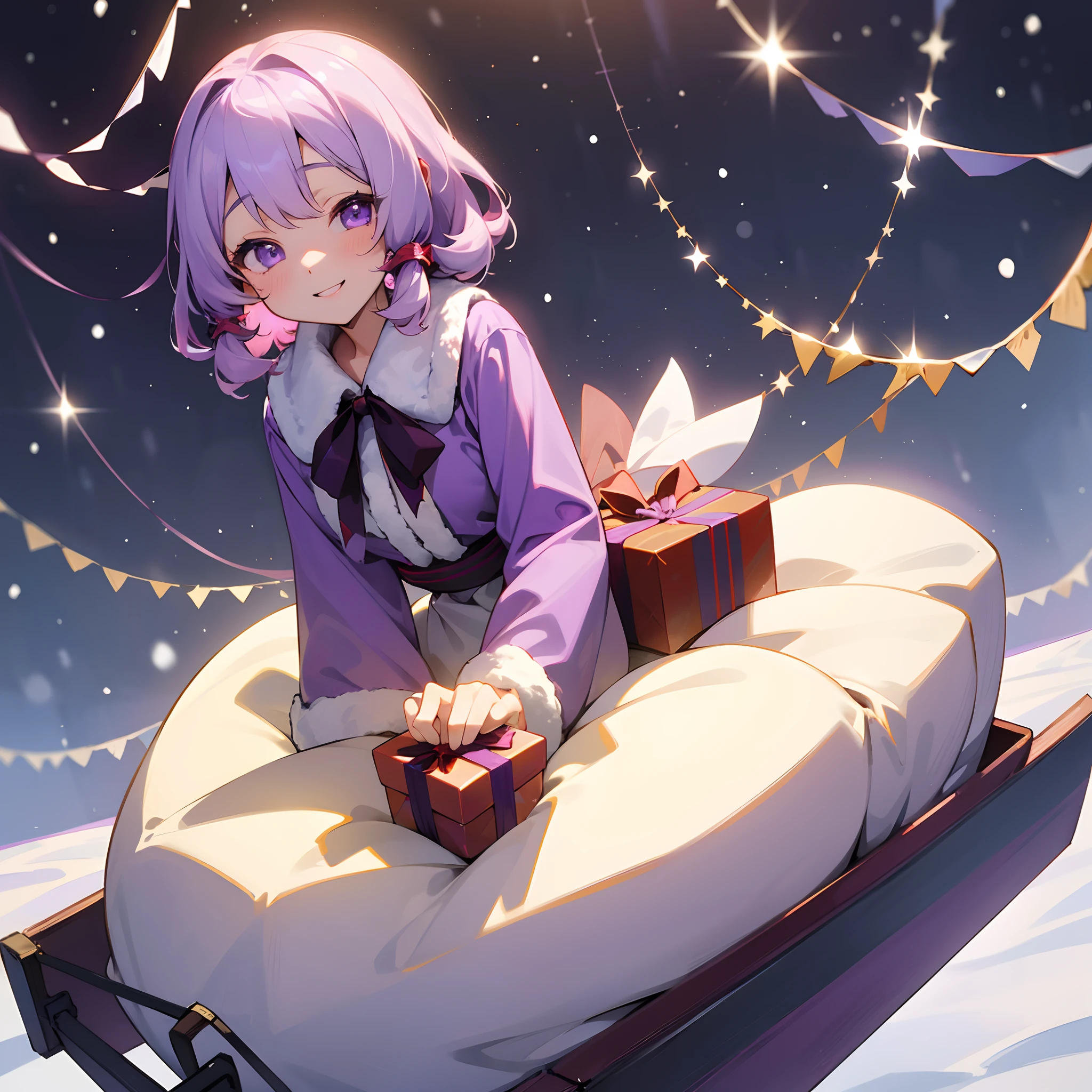 1girl in、skin gloss、Yuzuki Yukari、love you、Looking at the camera、Beautiful purple eyes、Light lilac hair、short-hair、Looking at this、The best smile、santa claus、Have a gift、It's snowing、Snowflake、Riding a sled、Christmas tree