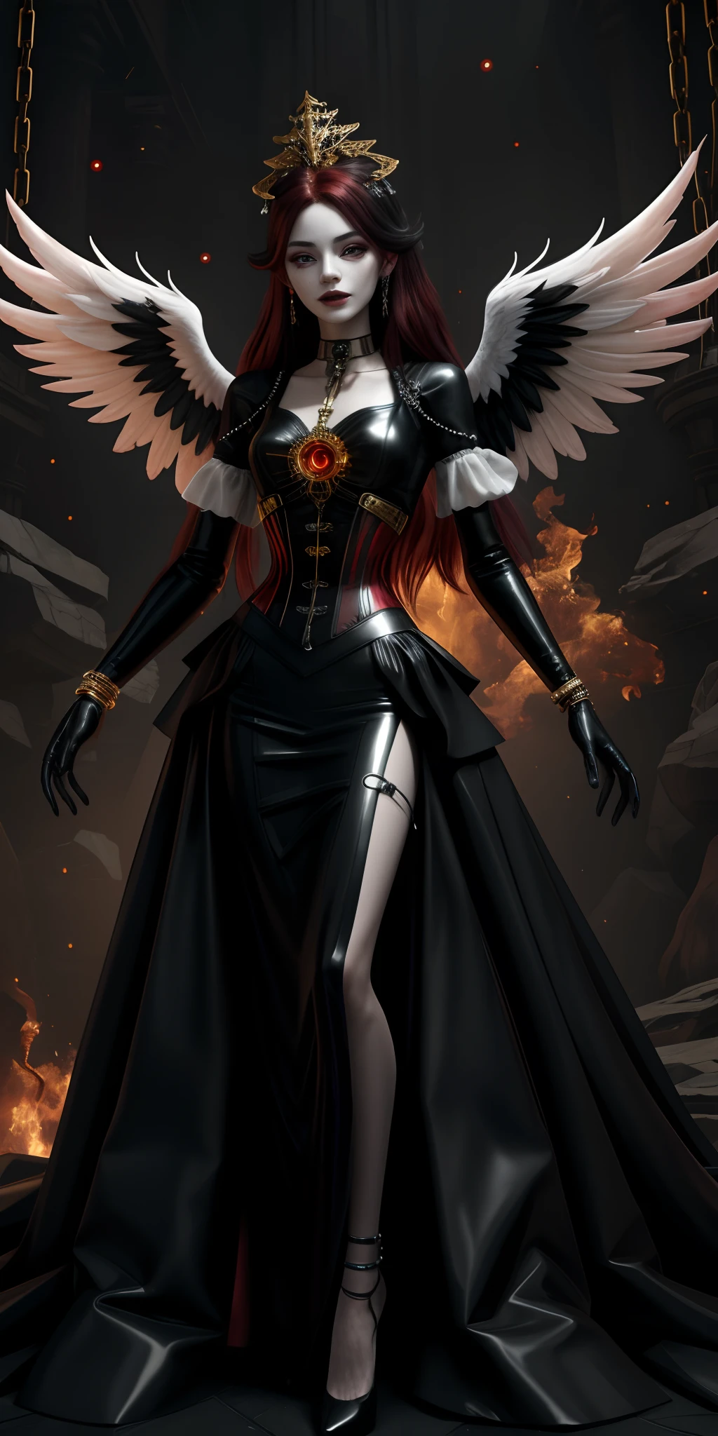 Red-haired demoness woman, full growth, very beautiful, long red hair, smooth, clean, white skin. Red and black short evening dress, cinematic picture, high detail, dynamic expressive image, detailed skin texture, graceful figure, sexy girlfriend, tattoos, dark angel, Italian Renaissance, great art. Magic and cyberpunk mixed together. Expensive jewelry symbolizes esoteric knowledge mixed with cyber technology, electronics, implants, expensive futuristic body jewelry, and tattoos. Warm range of colors, golden light, contrasting light with cold side lighting, expressing volume and shape. High-quality 3D visualization imitating painting techniques, a painting executed by an outstanding master in a painterly manner. Distant esoteric future, high technology - magic. Masterpiece. the highest quality, background - futuristic horror style, engineering structures, temple of cyber technology, clear frame, soft shadows, contrasting light.
2_Her body is grace, elegance, and ideal figure, a woman with long red hair, waist-length hair, black metal, a leather corset, a rock star, a demonic image, body covered in tattoos. On the body, there is a corset of belts, fasteners, and fastenings, electronic implants, woven into her outfit, the Goddess of Darkness, the angel of the CyberWorld.
3_ Background environment; Urban hall, glow, wires. electronic mechanisms, Create an esoteric ornament, an epic structure - a temple, a religious building, High vaulted ceilings, Modern architecture - esoteric: studio light, side light, the contrast of cold shadows, and warm golden light.
4_High image quality, 4K | Ultra HD | Full HD, cinematic rendering, 3D visualization. 8K Full Body Rendering Unity, Motion Capture, Skin Pores, Detailed Face (Vivid, Photorealistic, Realistic, Sharp Focus, 8K). High-detail textures, fabric, material, leather, metal, electronic implants. Texture, high quality, (shades of gray, red, black, elements, metallic luster), Magic amulets on the chest, cabalistic symbols. Fi