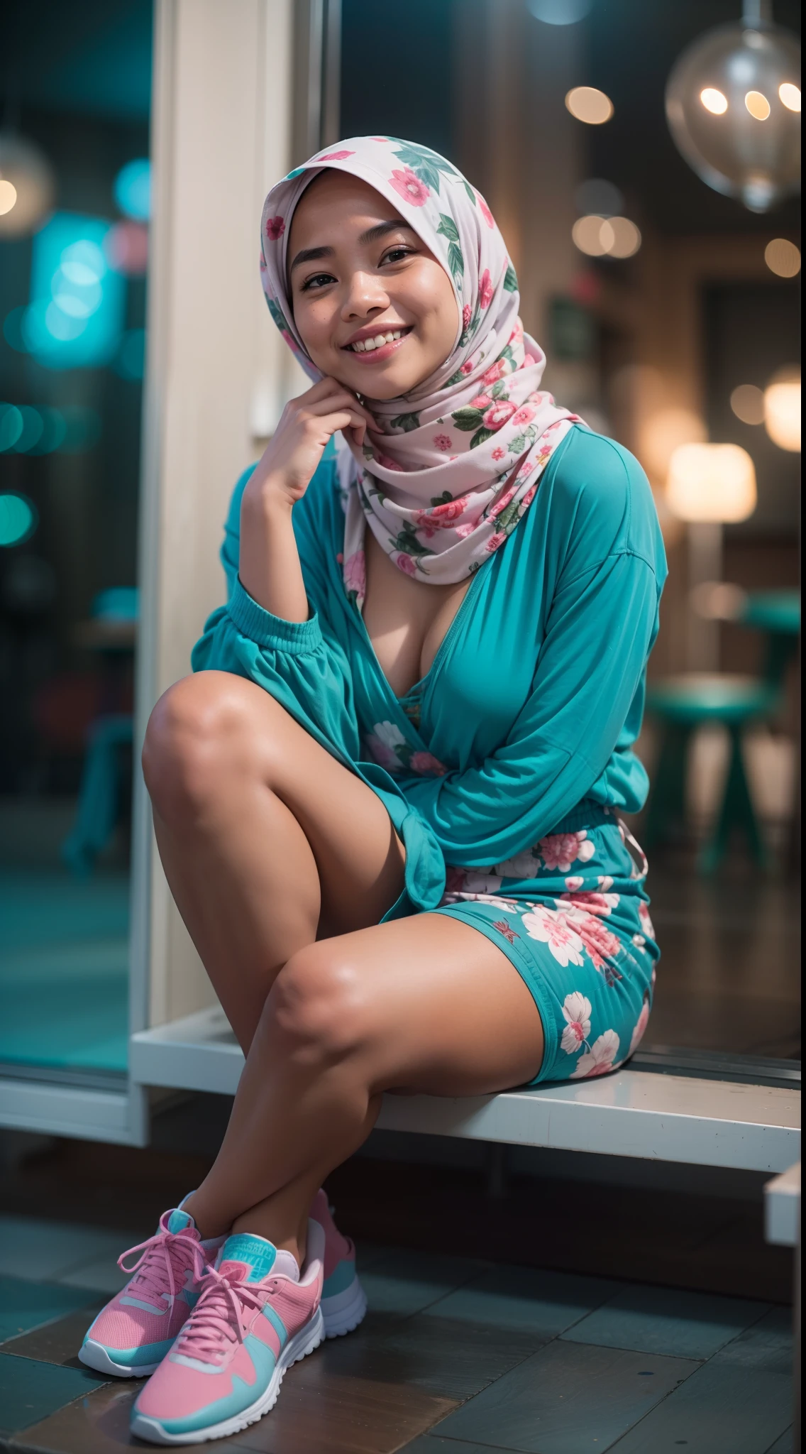 Malay girl with hijab seating in hipster cafe, happy, smiling, nighttime, wearing turquoise Floral Ruched Bust Slip Romper, pink sneakers, soft professional lighting, blur background, cool ambient, bokeh, small breast, small waist, small head, short petite body, wide hips, thick thighs, thick leg,