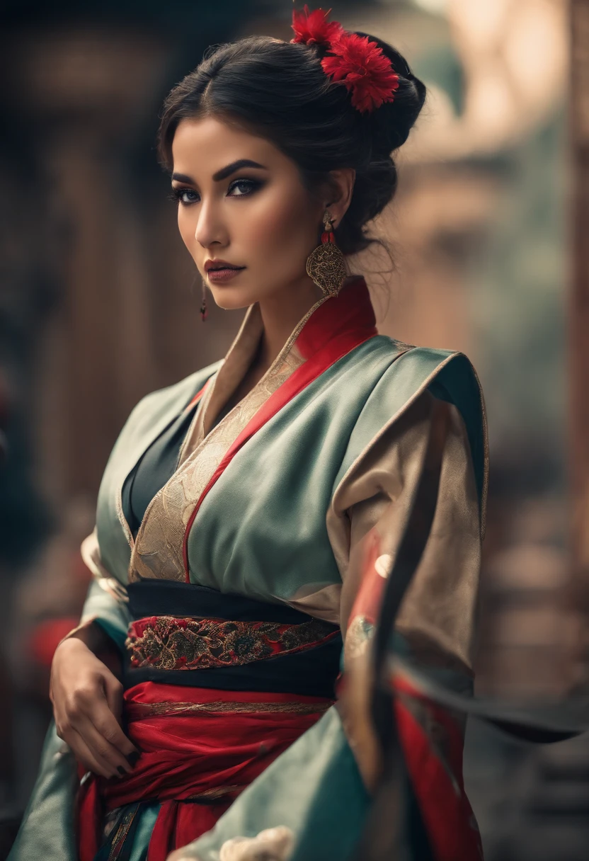mujer estilo manga, con traje de ninja, con pechos grandes, una bonita cintura,