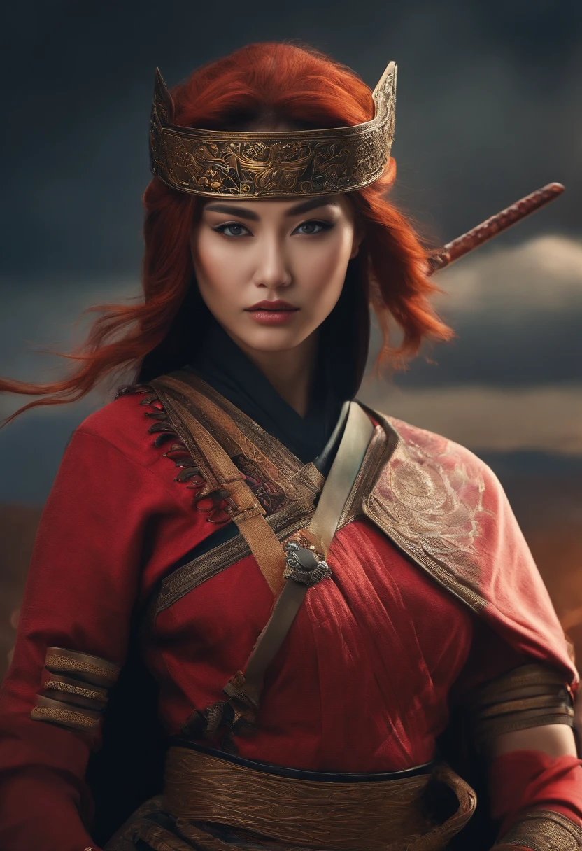 mujer estilo manga, con traje de ninja, con pechos grandes, una bonita cintura,