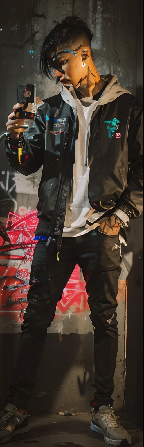 Change background graffiti wall, cyberpunk, neon, realistic, 8k