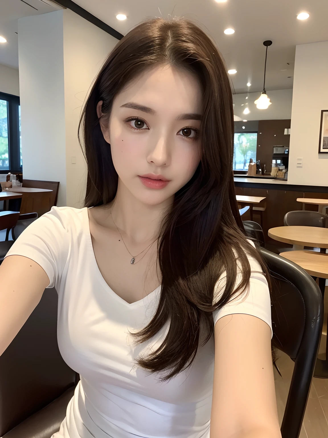 ((, Excellent, 8k, Masterpiece: 1.3)), 1 female, upper body, confident, (selfie: 1.5), white T-shirt, focal length: 1.2, slender abs: 1.1, (dark brown hair )), (sitting in chair: 1.2), ((café: 1.3)), highly detailed face and skin texture,