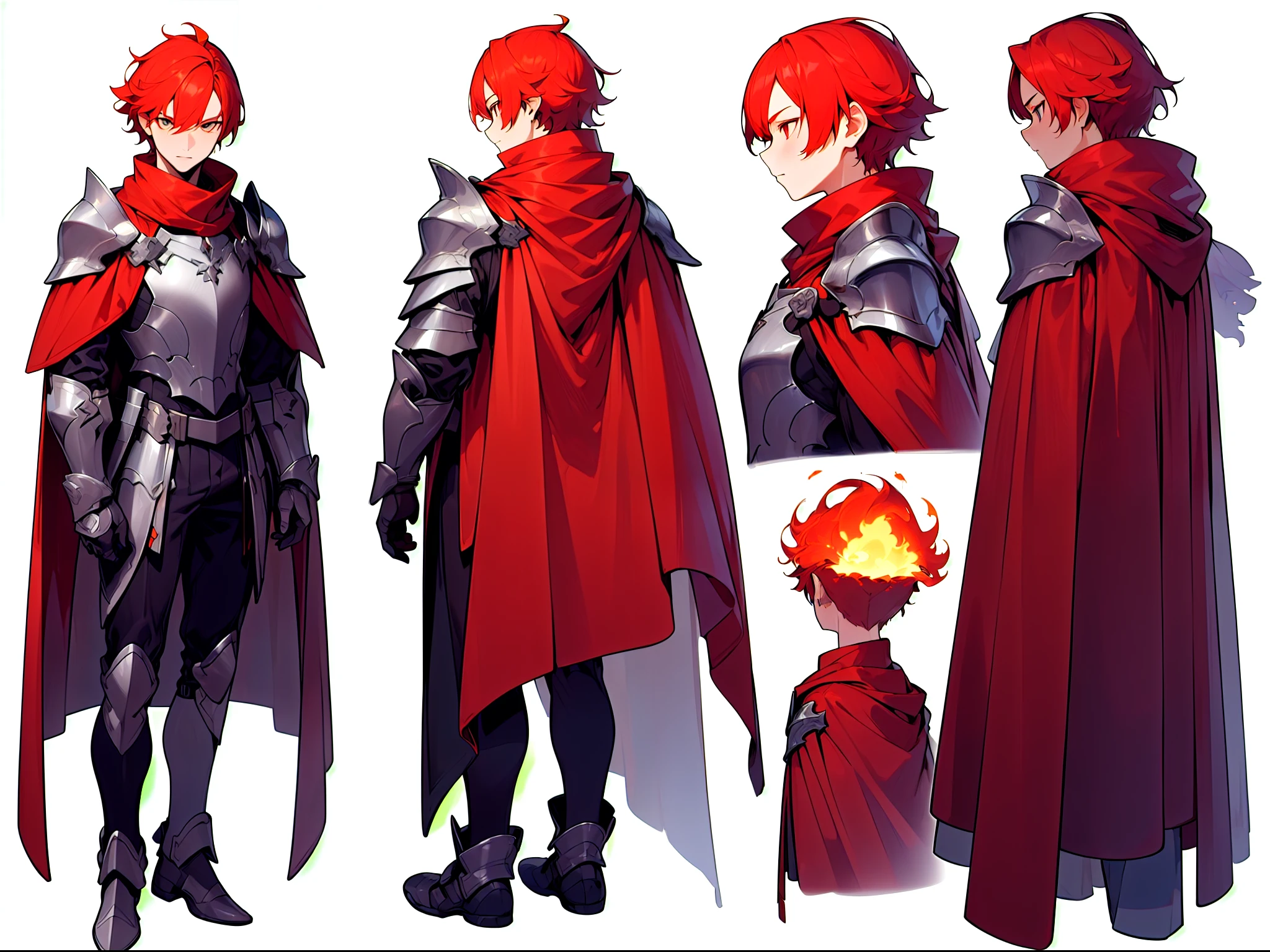 ((Very detailed)), ((high quality)), ((((UHD, highres, high resolution)))), ((((multiple views)))), (concept art), (character sheet), male god in fire armor, fire element, fire, very slim shape body, Face front view, multiple around Head view, full body front and back view, white background, ((no skirts and coats, no scarves, no cape))