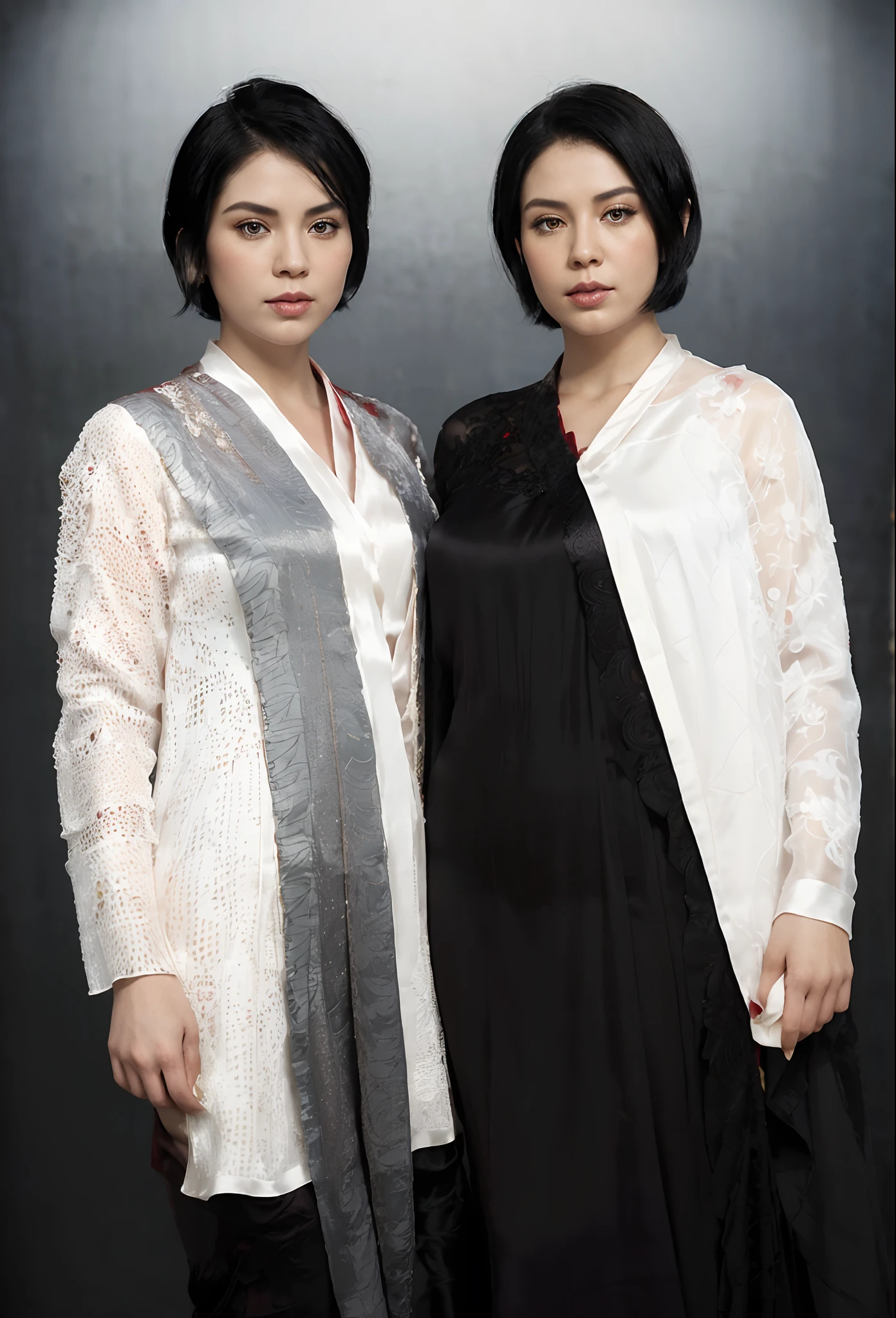 Photorealistic Production, (One Person), (Realistic Image of a 25 Years Old Female Model), (Short Bob Black Hair:1.6), (Pale Skin:1.4), (Wearing a Red Ornated Kebaya Dress with Silk Cloth:1.6), (Serious Face), (Deep Cleavage), (Elegant Pose:1.4), Centered, (Waist-up Shot:1.4), From Front Shot, Insane Details, Intricate Face Detail, Intricate Hand Details, Cinematic Shot and Lighting, Realistic Colors, Masterpiece, Sharp Focus, Ultra Detailed, Taken with DSLR camera, Realistic Photography, Depth of Field, Incredibly Realistic Environment and Scene, Master Composition and Cinematography