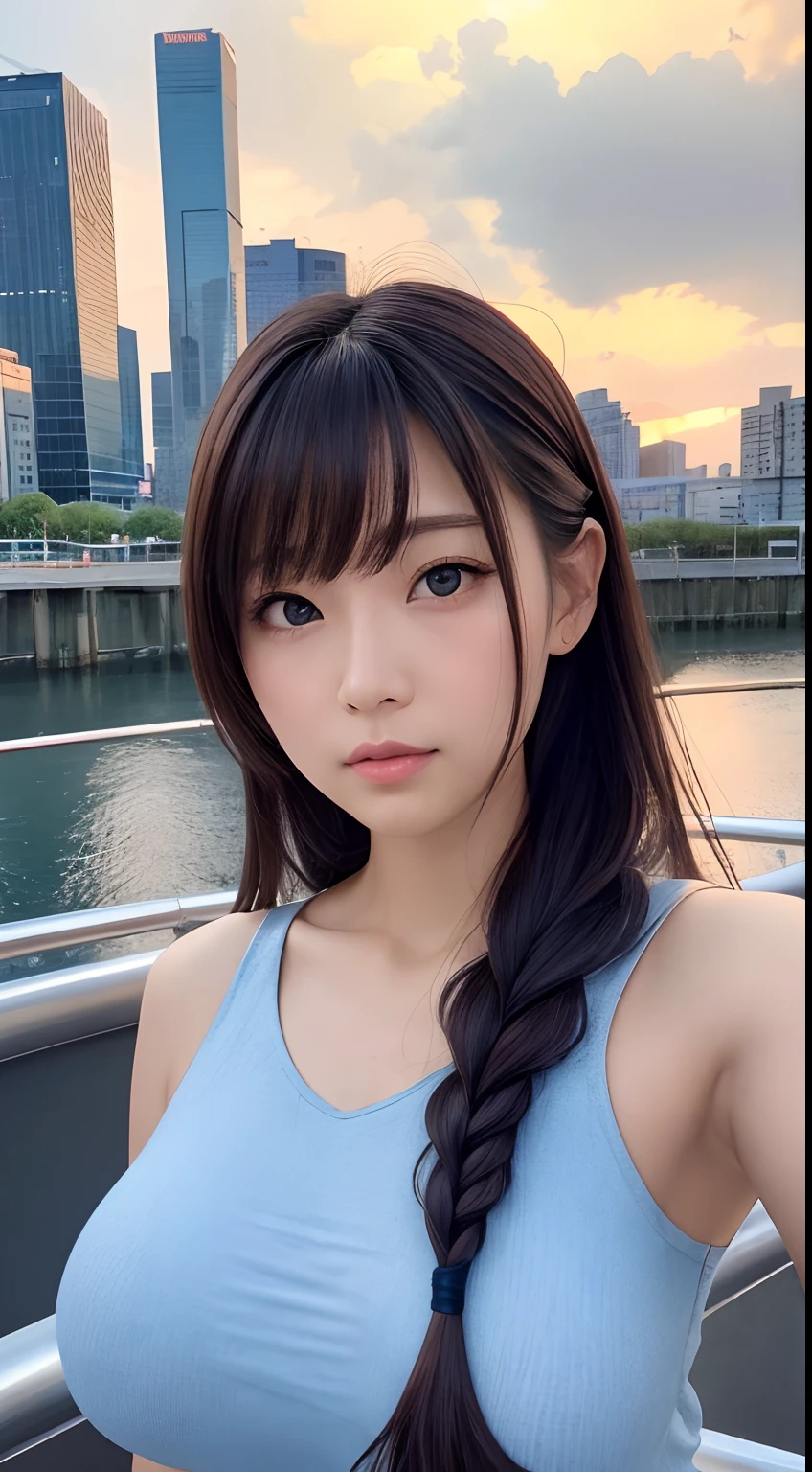 finest image, (8k, RAW photo, realistic), neat and beautiful Japanese woman, iridescent light brown braided bangs straight hair, blue shining big eyes, long eyelashes, double eyelids, half open crimson alluring moist big thick lips, large breasts, side boobs, under boobs, abs, slender, perfect proportion, sunset and rainbow after the rain, blurry background cityscape, selfie, portrait